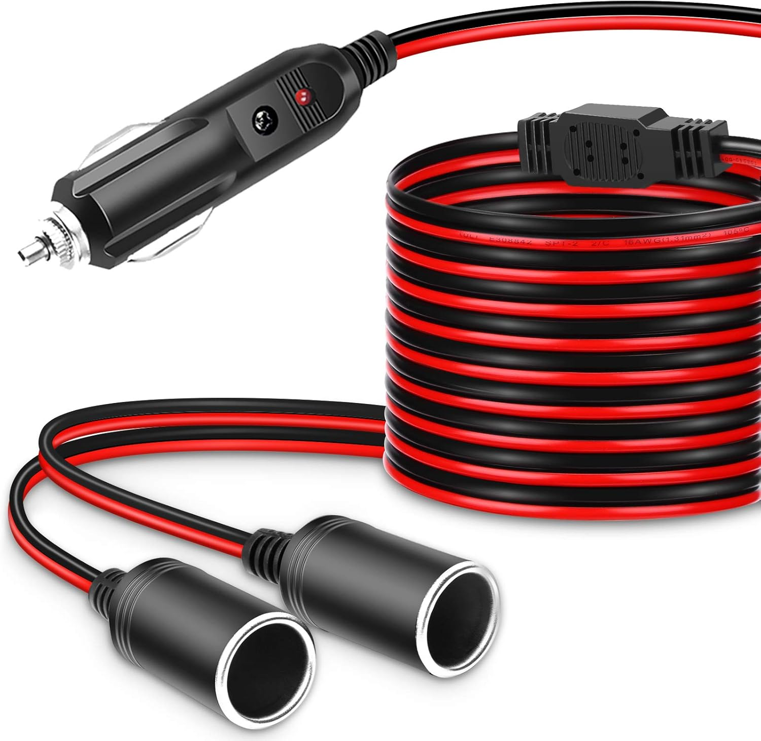 ELECTOP 1 to 2 Car Cigarette Lighter Splitter Adapter Power Charger Port, 6Ft Cigarette Lighter Extension Cord Cable 16AWG UL Wire, 12V 24V Plug Socket 2-Way Splitter Y Adapter with 15A Fuse