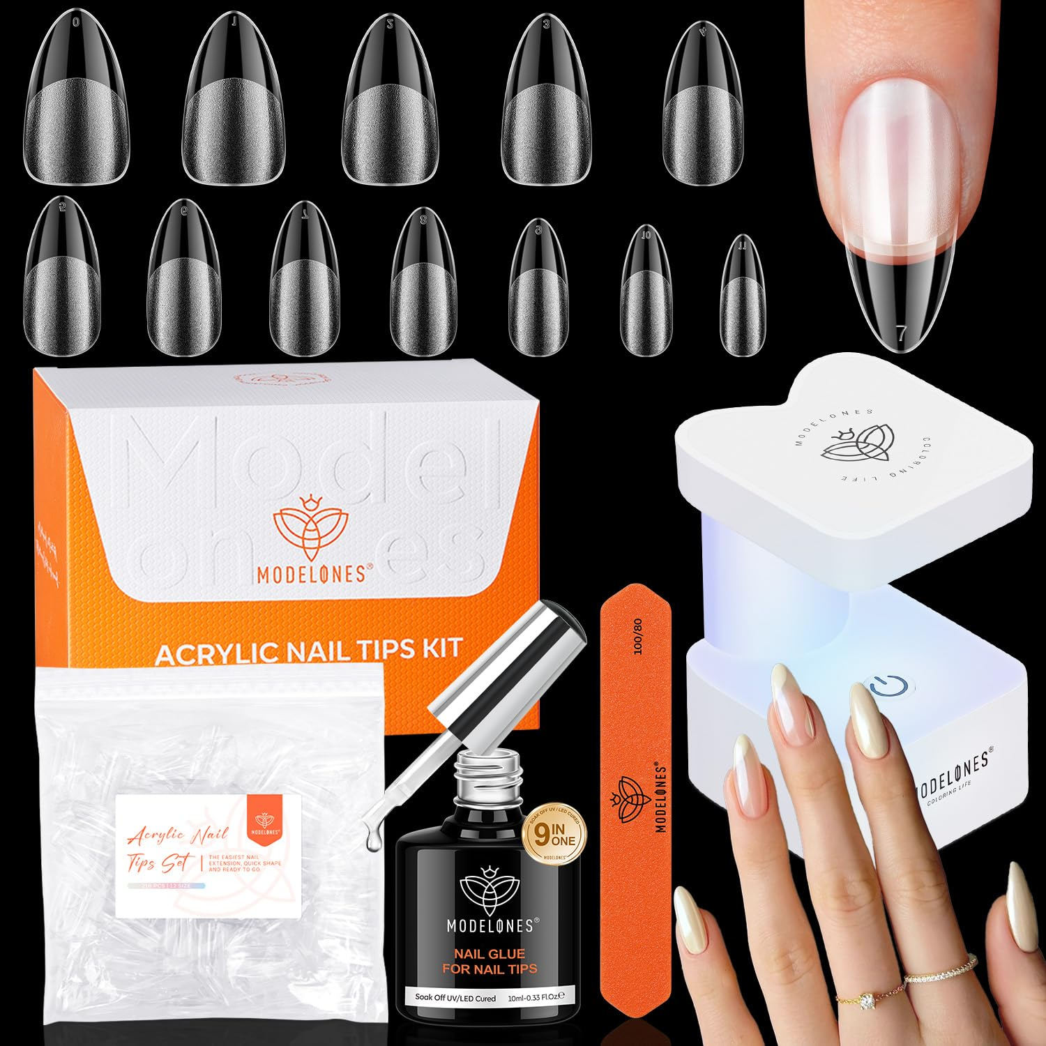 X Nail Gel Kit Medium Almond, 9-In-One Nail Glue with UV Light