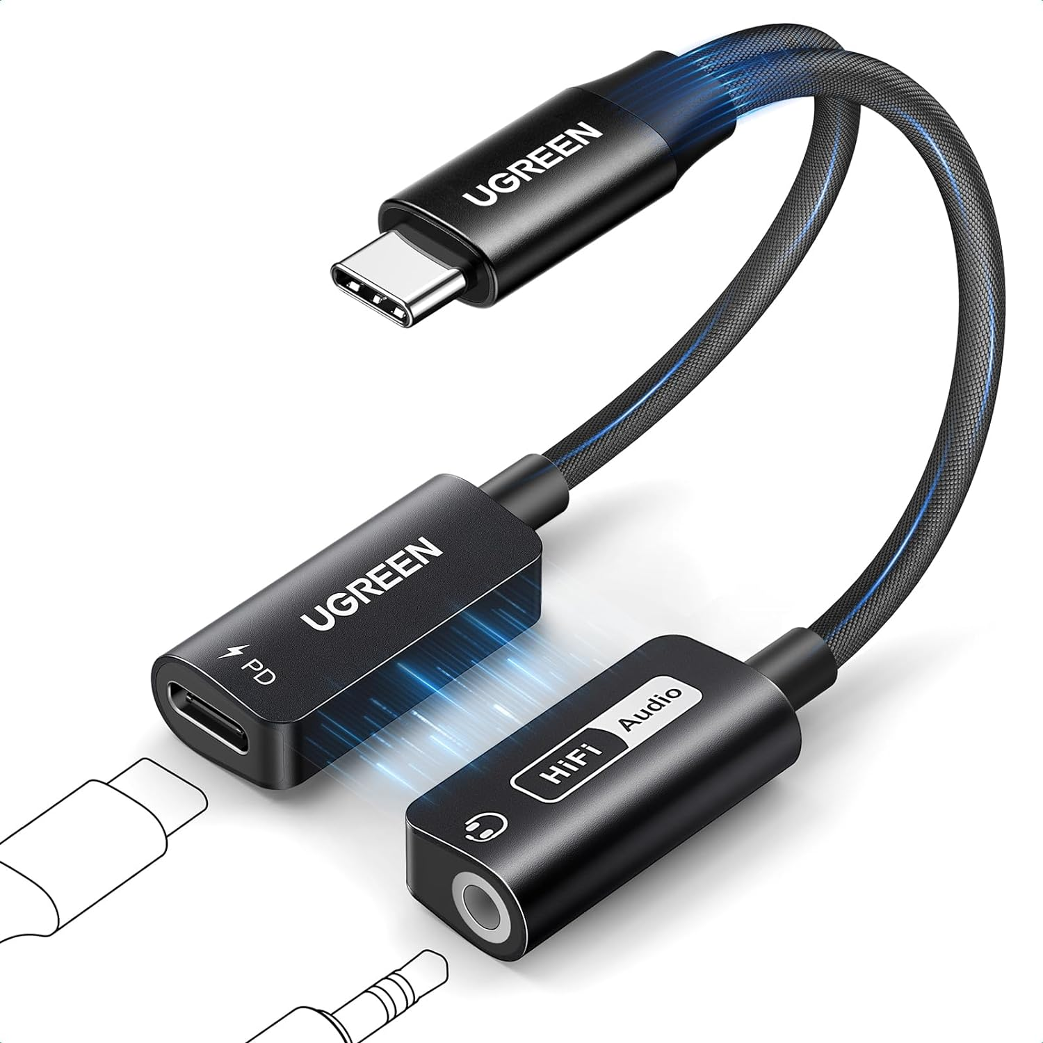 Adaptador de cargador y conector de audio para auriculares de 3.5 mm a USB C