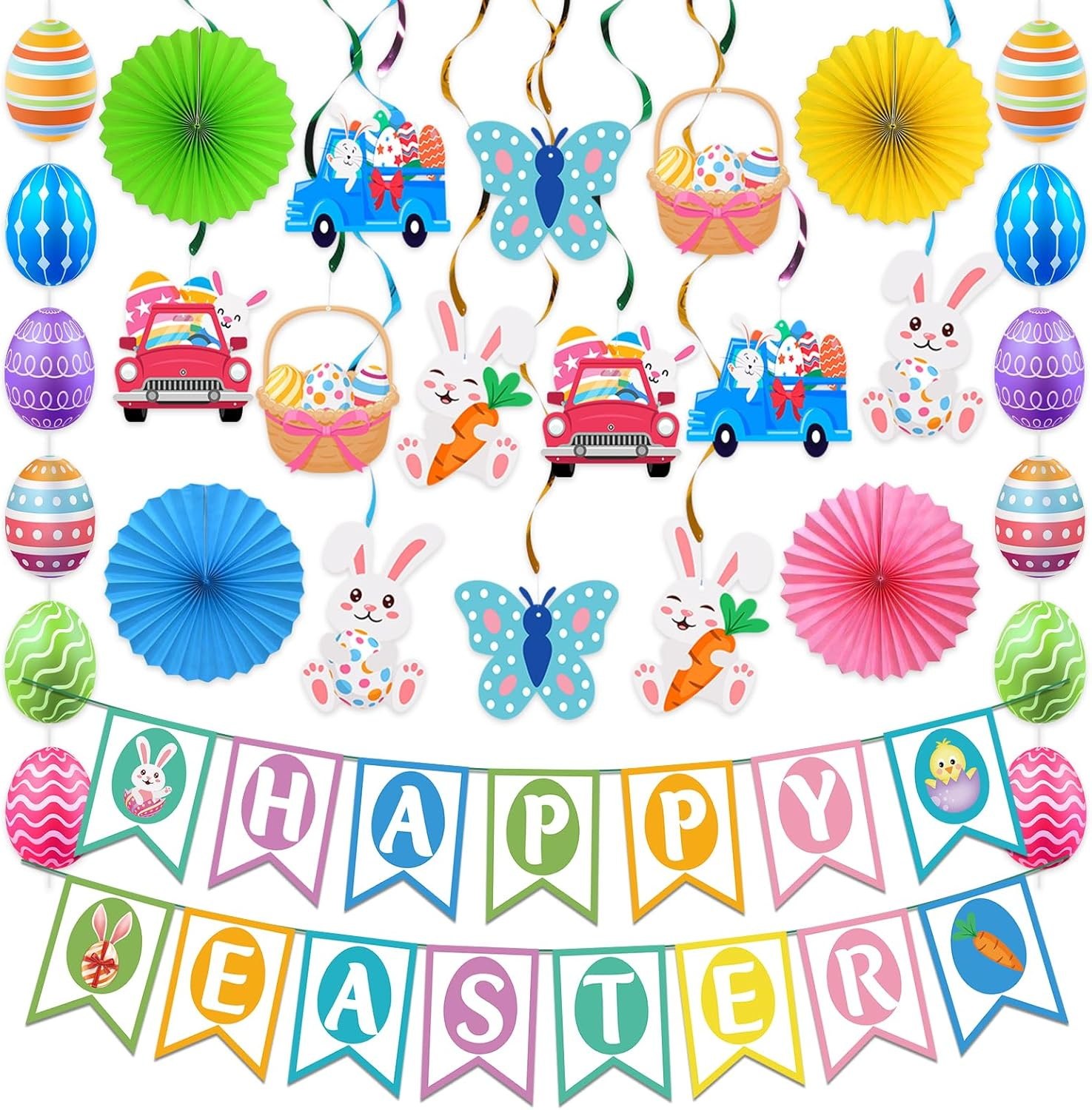 32Pcs Easter Decorations Easter Decor Happy Easter Banner Egg Bunny Garland Hanging Swirl for Home Office School Classroom Themed Party Decorations