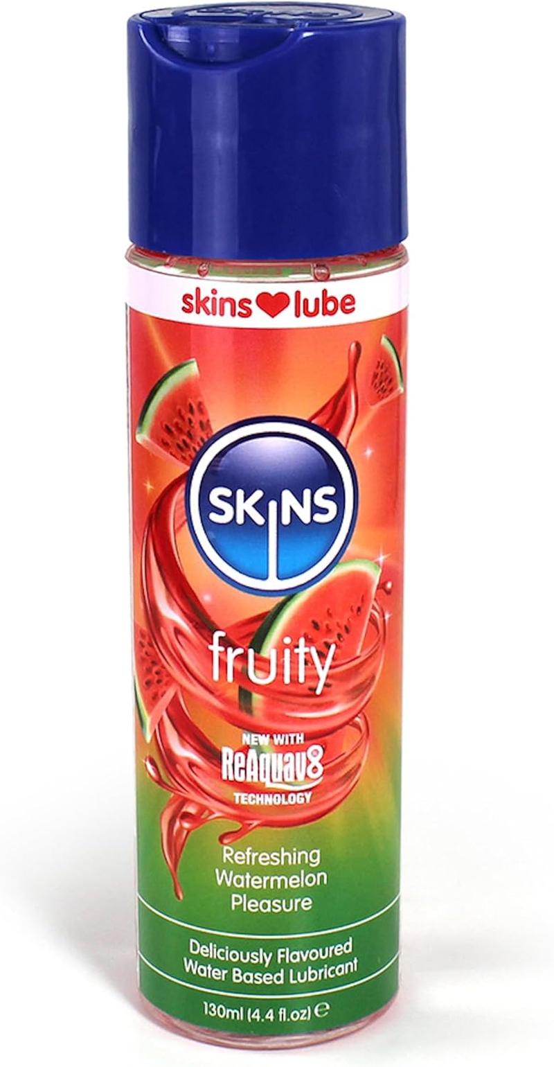 Skins Fruity Watermelon Flavoured Personal Lubricant Water Based Intimate Lube Gel with Long Lasting Natural Feel and Comfort Smooth and Gentle Compatible with Latex Condoms - 4.4 Fl Oz (130Ml)