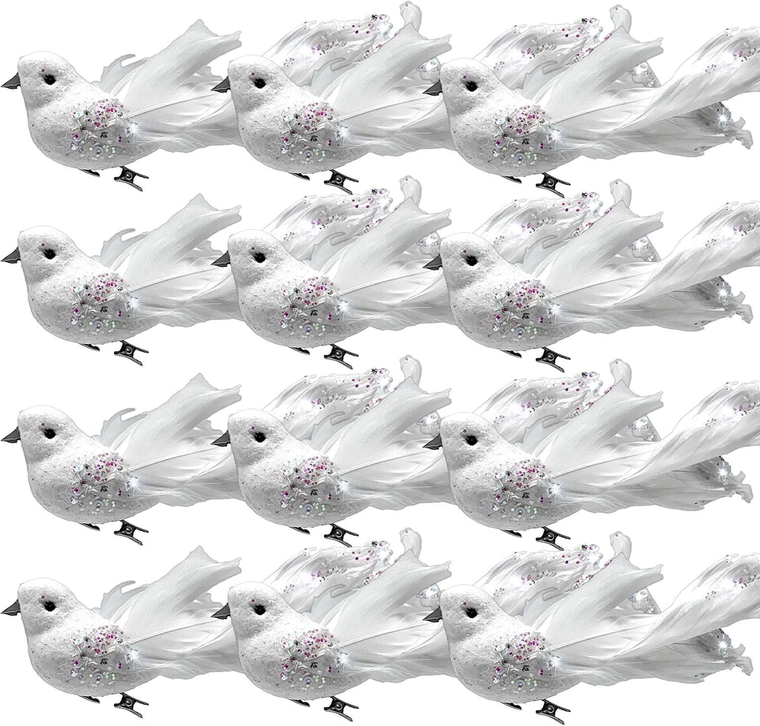 Doves with Clips - White Feathered - Set of 12 Long Tail Craft Doves - Ornaments - Wedding Decorations - Crafting -Each Is 6