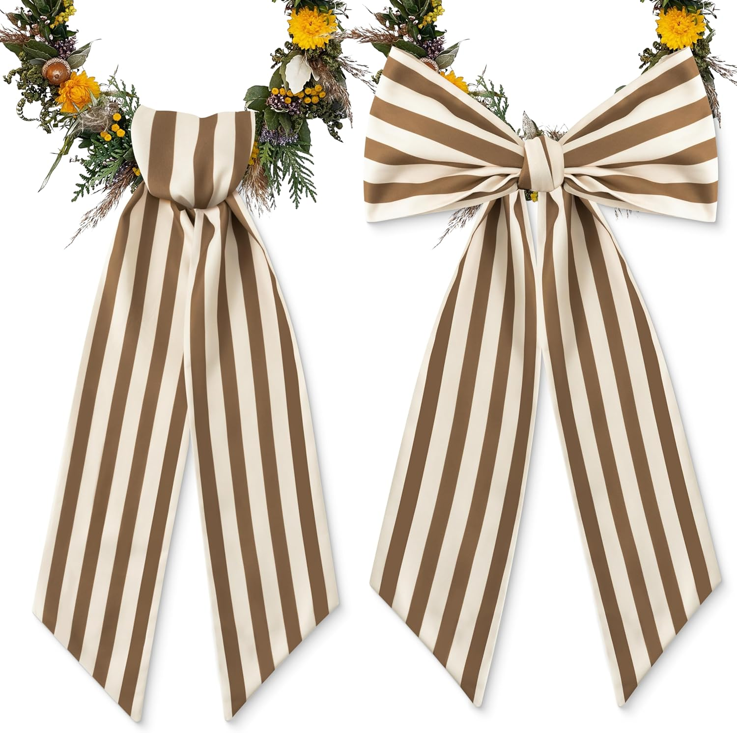 Wreath Sash Beige Stripe - 2Pcs Boxwood Wreaths Scarf DIY Bow for Front Door Decoration, Linen Colored Farmhouse Satin Sash Accessories for Home Yard Doorway Wall Window Decor (56'' X 4.5'')