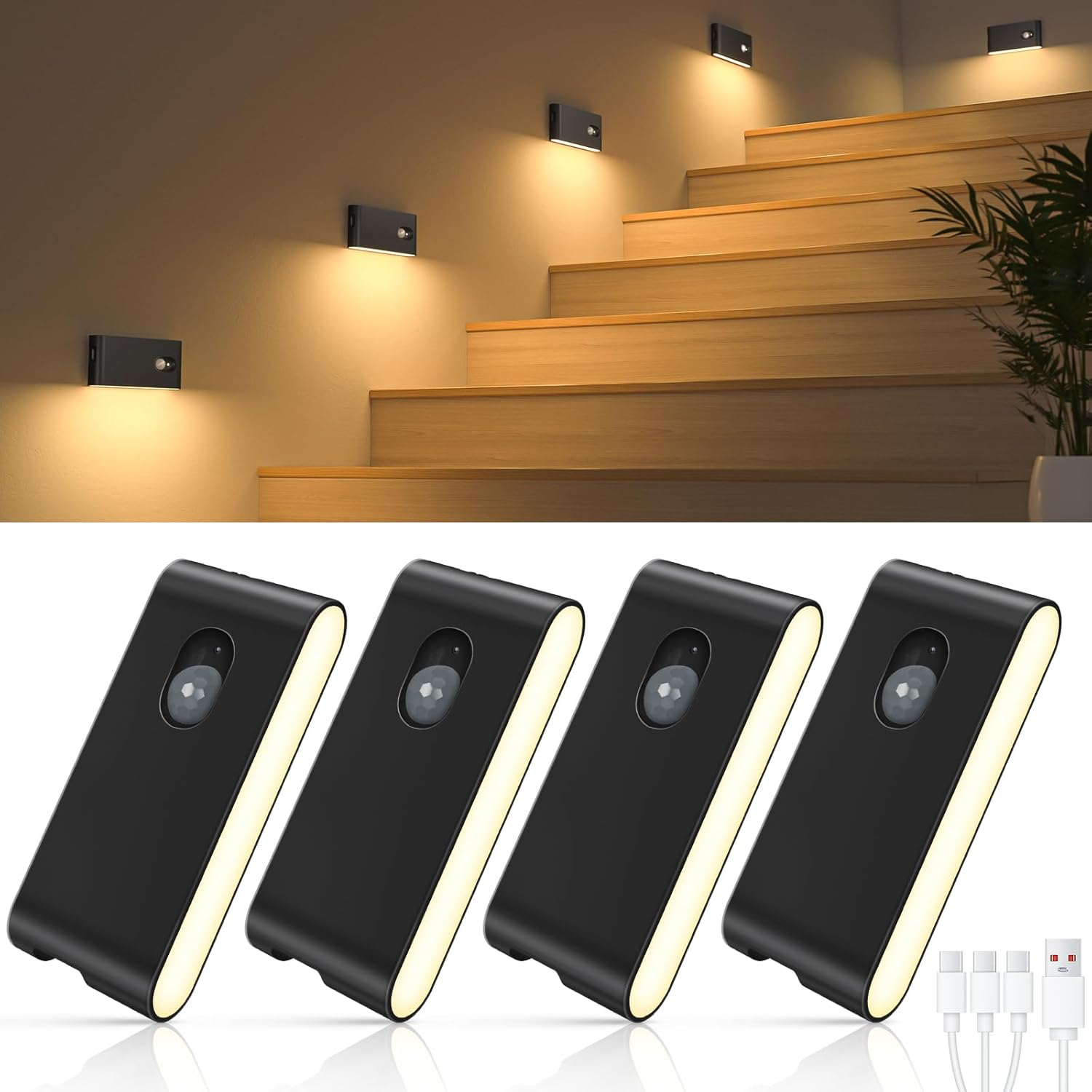 Motion Sensor Night Lights,Wireless Stair Lights Indoor,Battery Rechargeable Night Light,Stick On Light for Stairway,Hallway,Kitchen,Closet,Cabinet,Bedroom,Kids' Room(4-Pack)