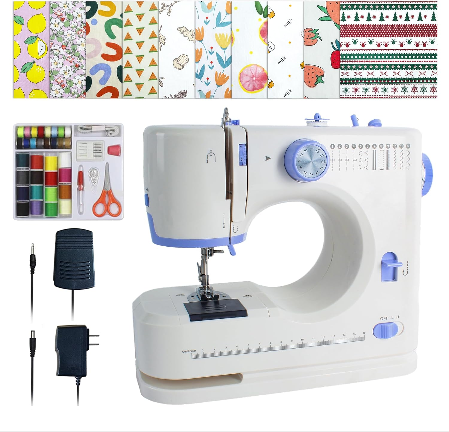 Sewing Machine for Beginners with 20 Pcs Fabric and 32 Pcs Sewing Threads Kit,Portable Sewing Machine with 12 Built-In Stitches,2 Speed(High-Low Speeds) - White Blue
