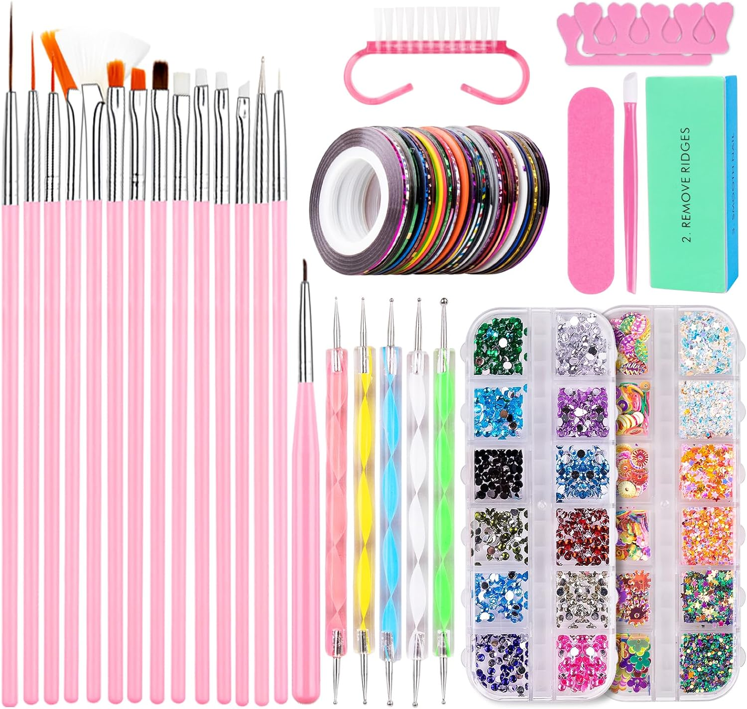 Nail Art Tools Kit, Nail Design Tools with Nail Art Brushes Set, Nail Dotting Tool, Nail Striping Tapes, Rhinestones Crystals Gems Glitters Sequins Decorations, Nail File Block and Nail Dust Brush