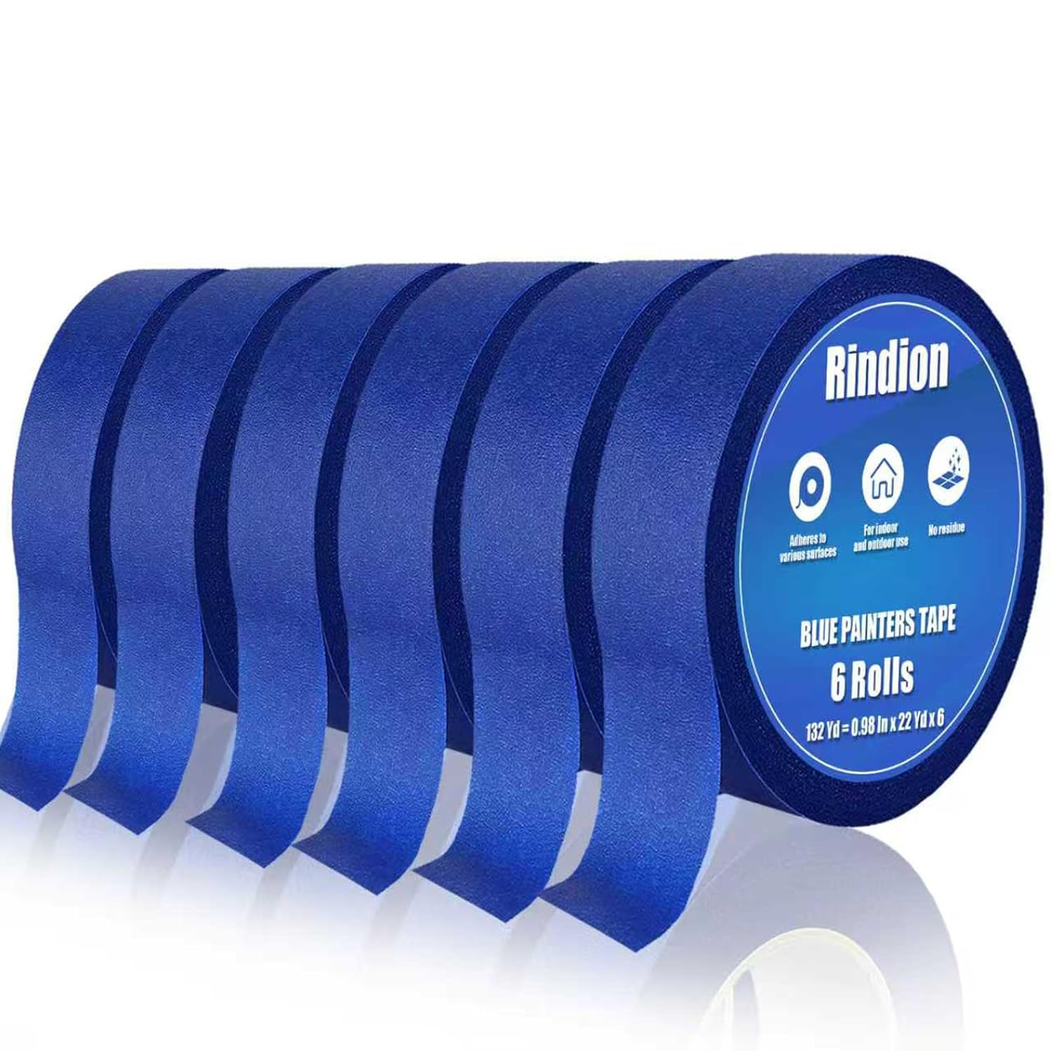 6 Rolls Blue Painters Tape, Multi-Surface Masking Tape, 132 Yd Premium Paint Tape for Use in Wall Painting, DIY Art Creation, Automobiles, Drafting, and Furniture (0.98 in x 22 Yd x 6)