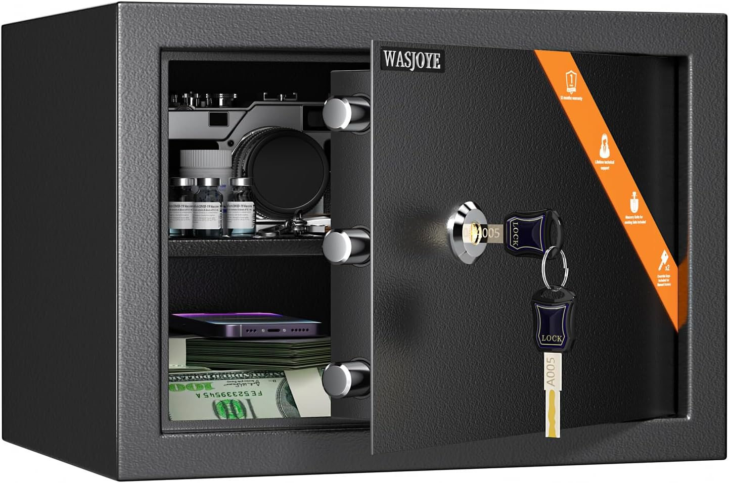 Cabinet Safe with Key for Money, 1.2 Cu Ft Key Lock Box | Safe Box Coffre Fort for Cash Jewelry Medicine Passport, Steel High Security Safety Box for Home/Office/Hotel
