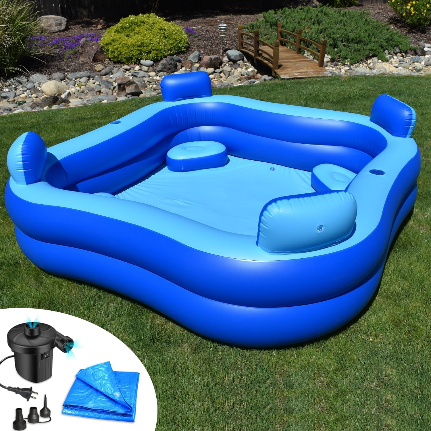 Inflatable Pool Bundle with Seats & Headrests - 8Ft X 8Ft - Electric Pump and Ground Tarp Included - Fast Setup and Reinforced Seams