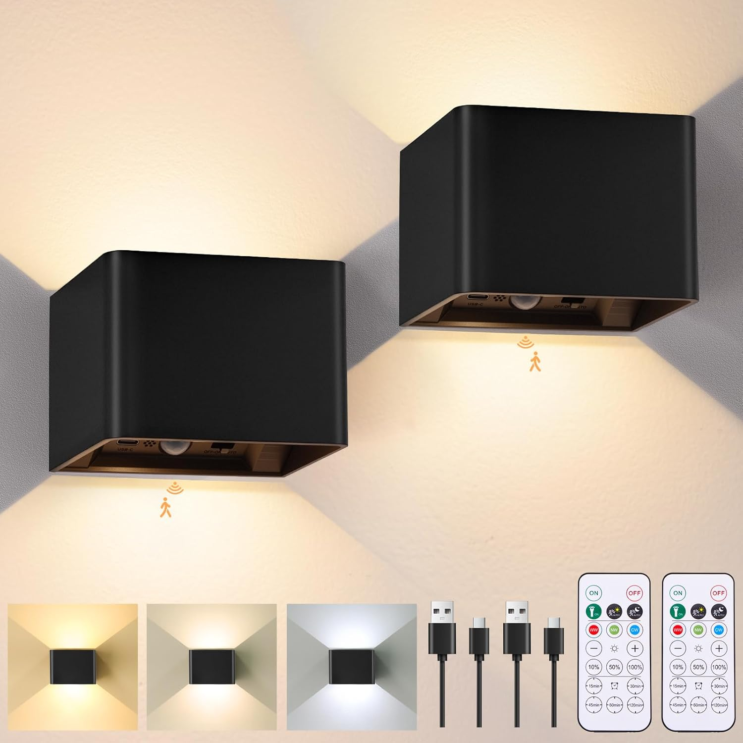 Rechargeable Motion Sensor Wall Light with Remote, 6000Mah Magnetic Battery Operated Wall Sconces, 3 Color Temperatures & Dimmable, Black LED up down Wireless Wall Lamp for Bedroom Living Room, 2-Pack