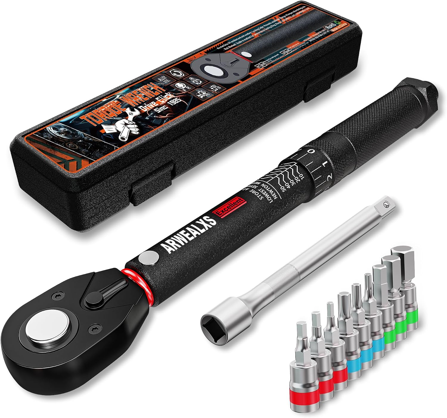 1/4" Drive Torque Wrench Set, Wheel Torque Wrench 5-55 Nm, ± 3% Accuracy, Dual-Direction Adjustable 72 Tooth Torque Wrench with 3/8'' Adapter, for Truck, Cars, Motorcycle Maintenance