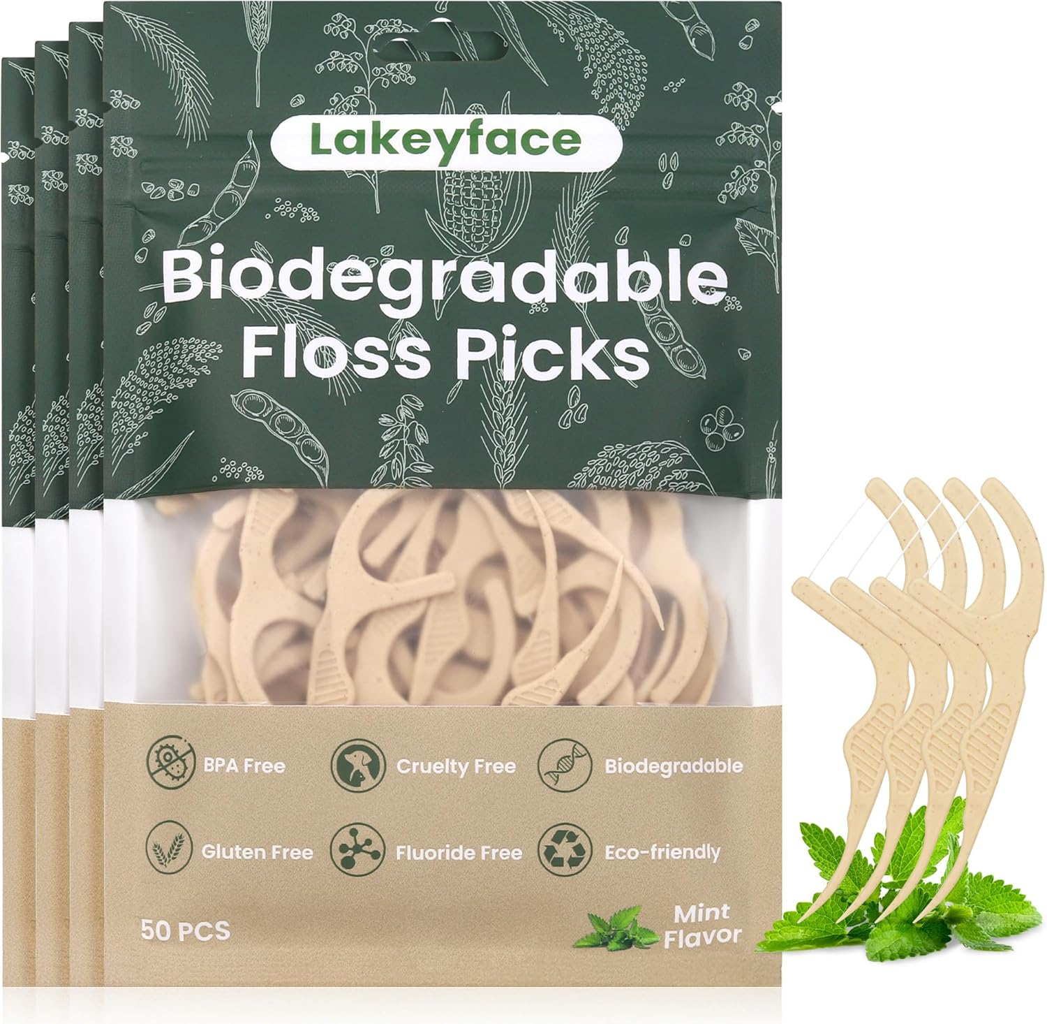 200 Count Biodegradable Dental Floss Picks, Eco Friendly Plant-Based Tooth Flossers for Adults, Tear-Resistant Floss Sticks with Wide Handles, Vegan & BPA Free Dental Floss for Natural Oral Care, Mint