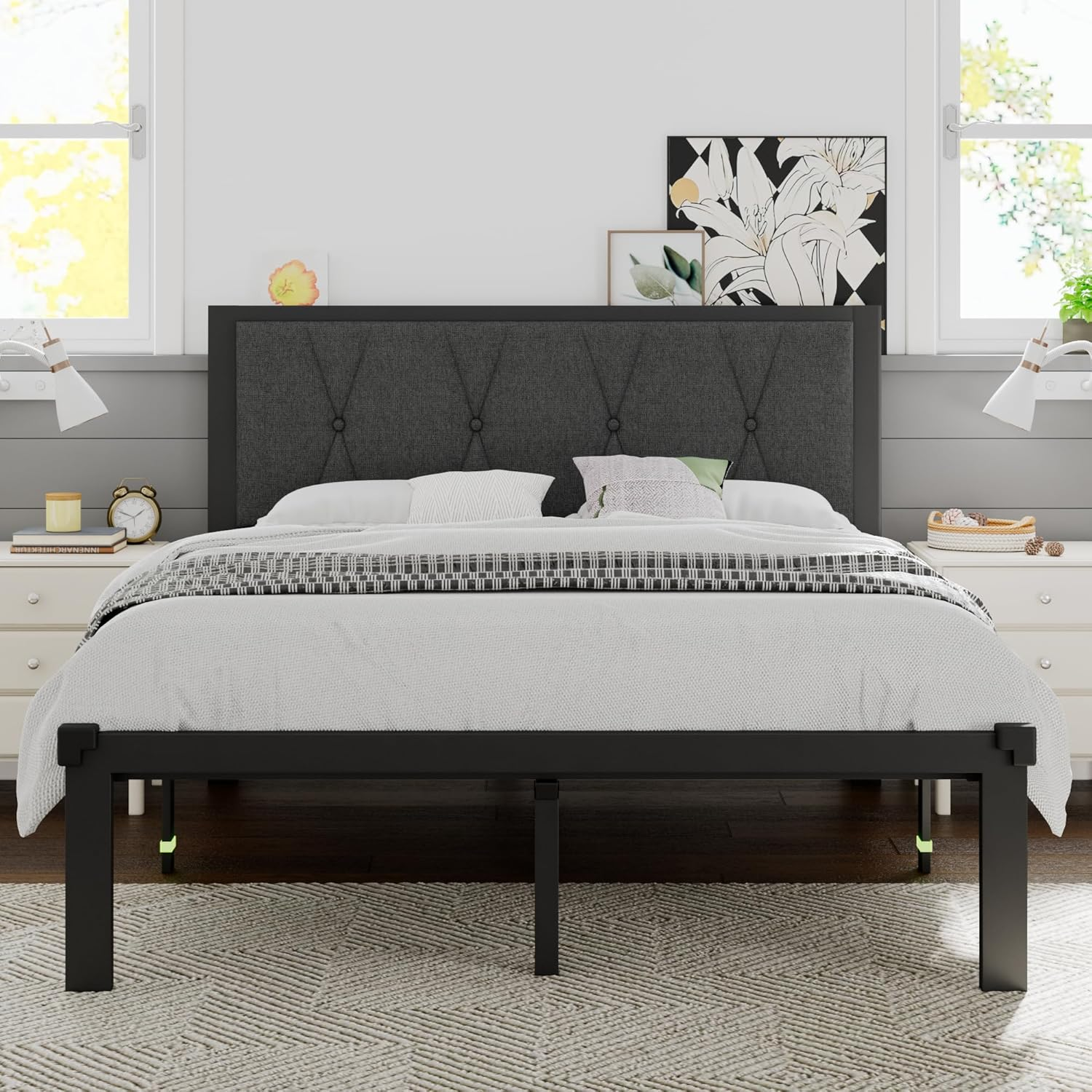 Queen Size Metal Bed Frame, Platform Bed with Upholstered Button Tufted Headboard, 12