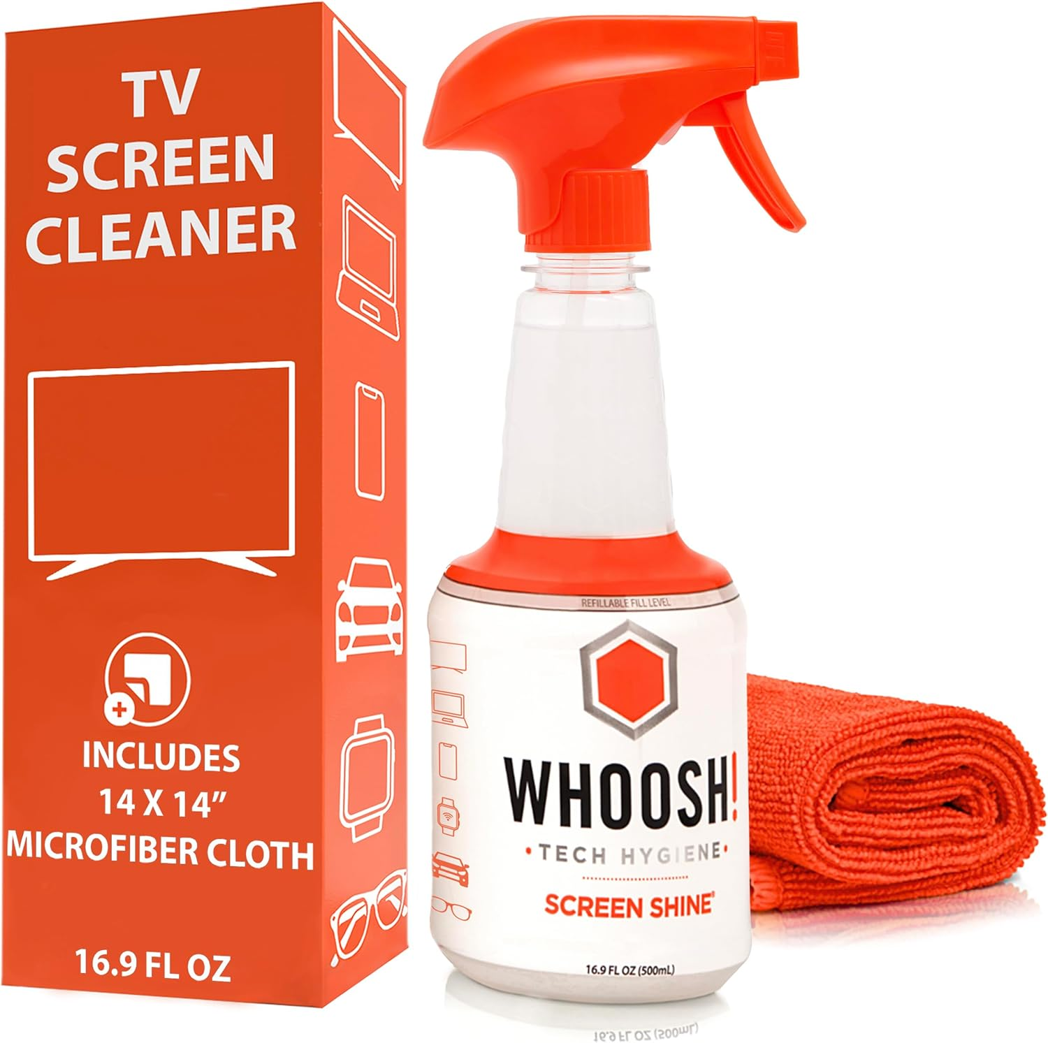 WHOOSH! Pro 16.9 Fl Oz Refillable TV Screen Cleaner & Microfiber Cloth - Streak-Free Cleaner for Flat Screens, OLED, LCD, Smart TV, Monitors - Non-Toxic, Odorless - Electronics Cleaning Kit