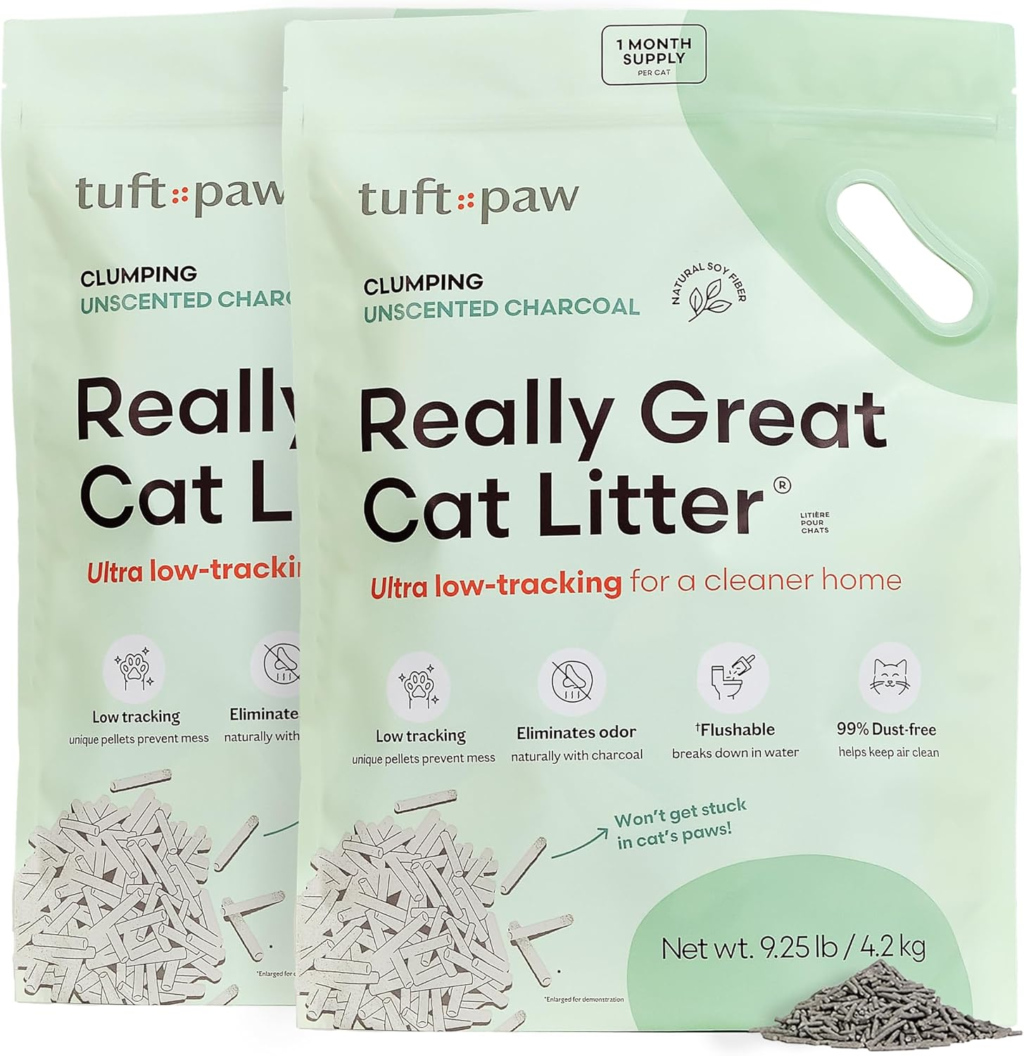 Tuft + Paw Really Great Cat Litter, Low Tracking Tofu Cat Litter, Clumping, Flushable, Odor Control, Dust-Free, Unscented - 9.25Lbs X 2Bags