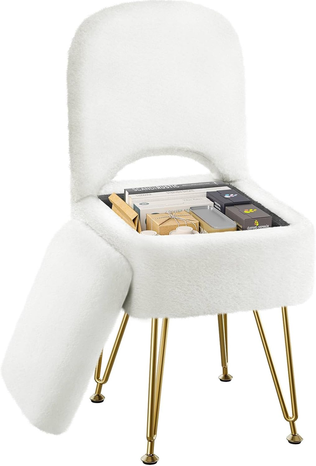 Small Vanity Stool Chair with Storage and Folding Back, 13.4