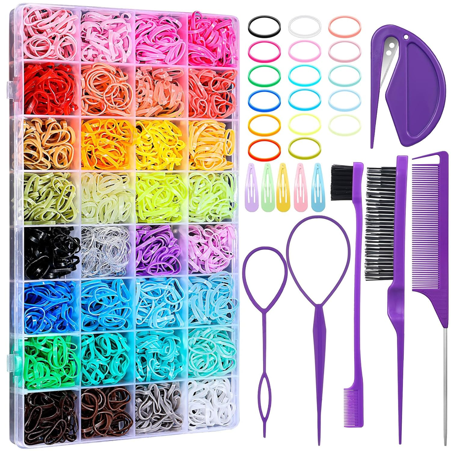 32 Colors Small Hair Rubber Bands with 16 Hair Styling Tools, 2000 Pcs Elastic