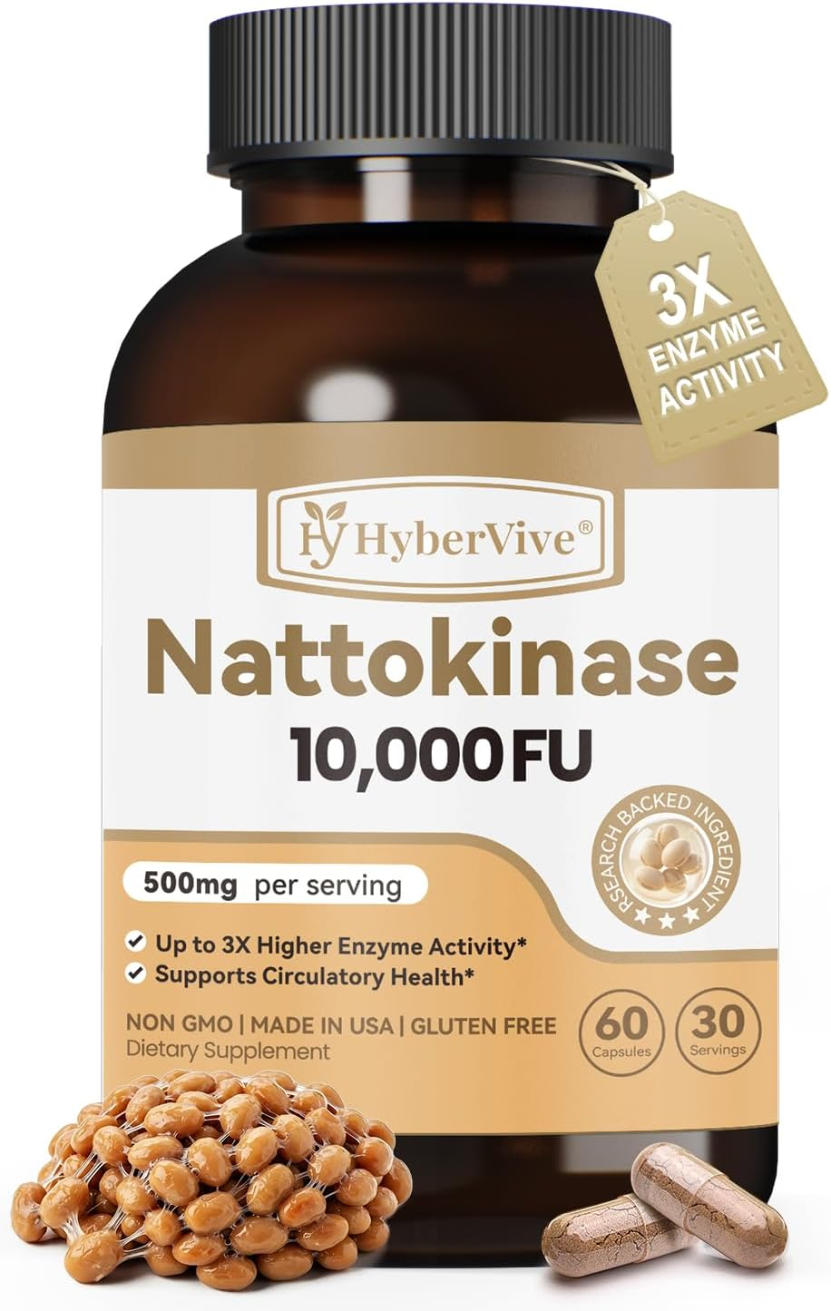 Nattokinase Capsules 10,000 FU | 60 Count | Non-GMO, Gluten Free | Made in USA