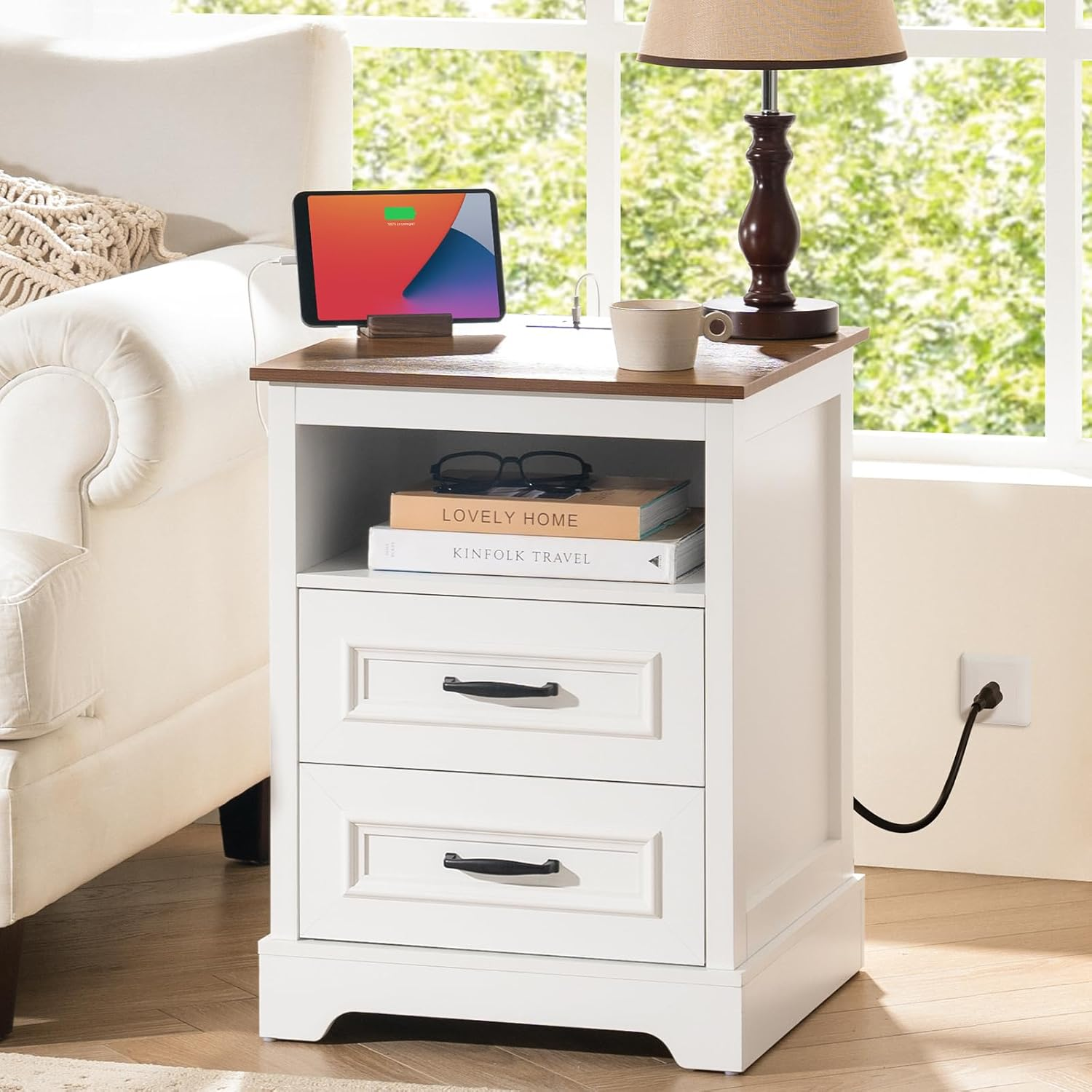 Farmhouse Nightstand with Charging Station, Wood Night Stand with Drawers, Bedside Table, Nightstands with Open Storage Shelf, Rustic Night Stands for Bedroom, Closet, 18