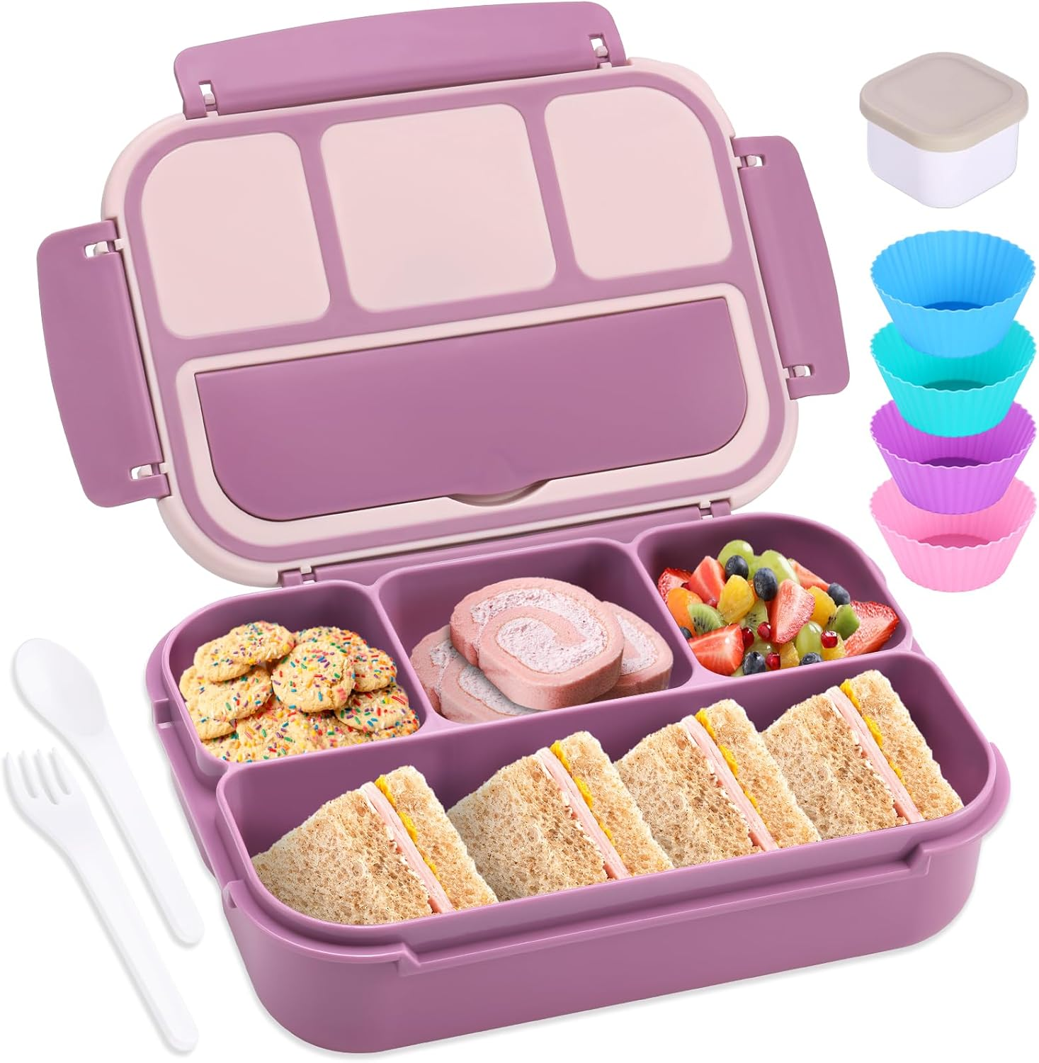 Bento Box Adult Lunch Box, Lunch Containers for Kids Girls Boys with 4 Compartments, Lunchable Food Container with Utensils, Sauce Jar, Muffin Liners, 40 Oz/5 Cup, Dark Purple