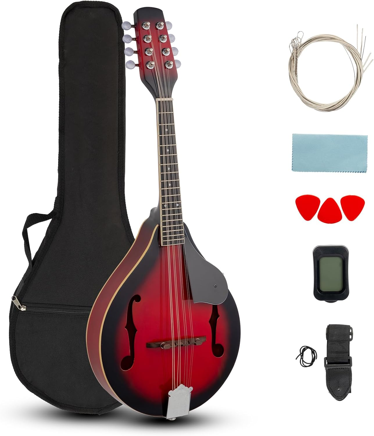 A-Style Mandolin Instrument Kit, 8 Strings Acoustic Mahogany Wood Mandolins Musical with Tuner, Thickened Gig Bag, Shoulder Strap, Picks for Beginners (Red Sunburst)