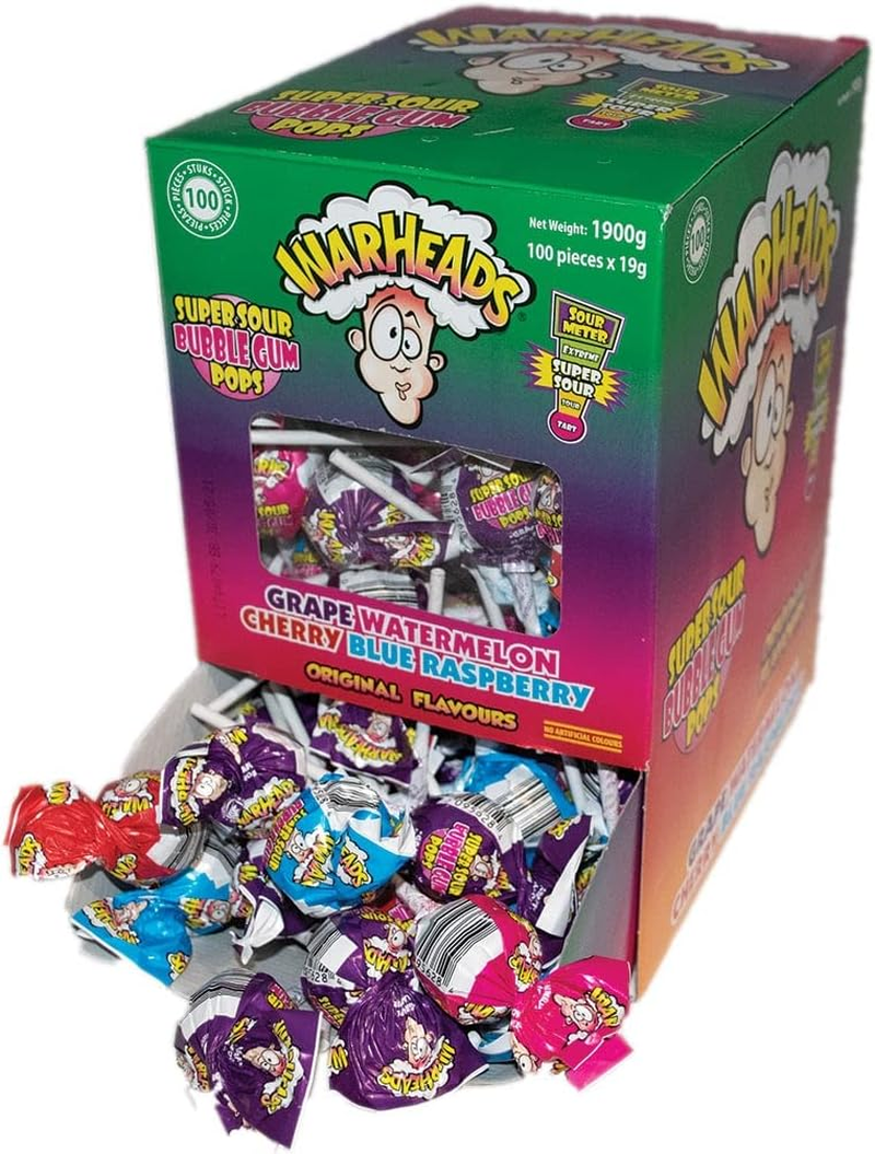 Warheads Super Sour Bubble Gum Pops (100 x 19g lollipops in a display box)
