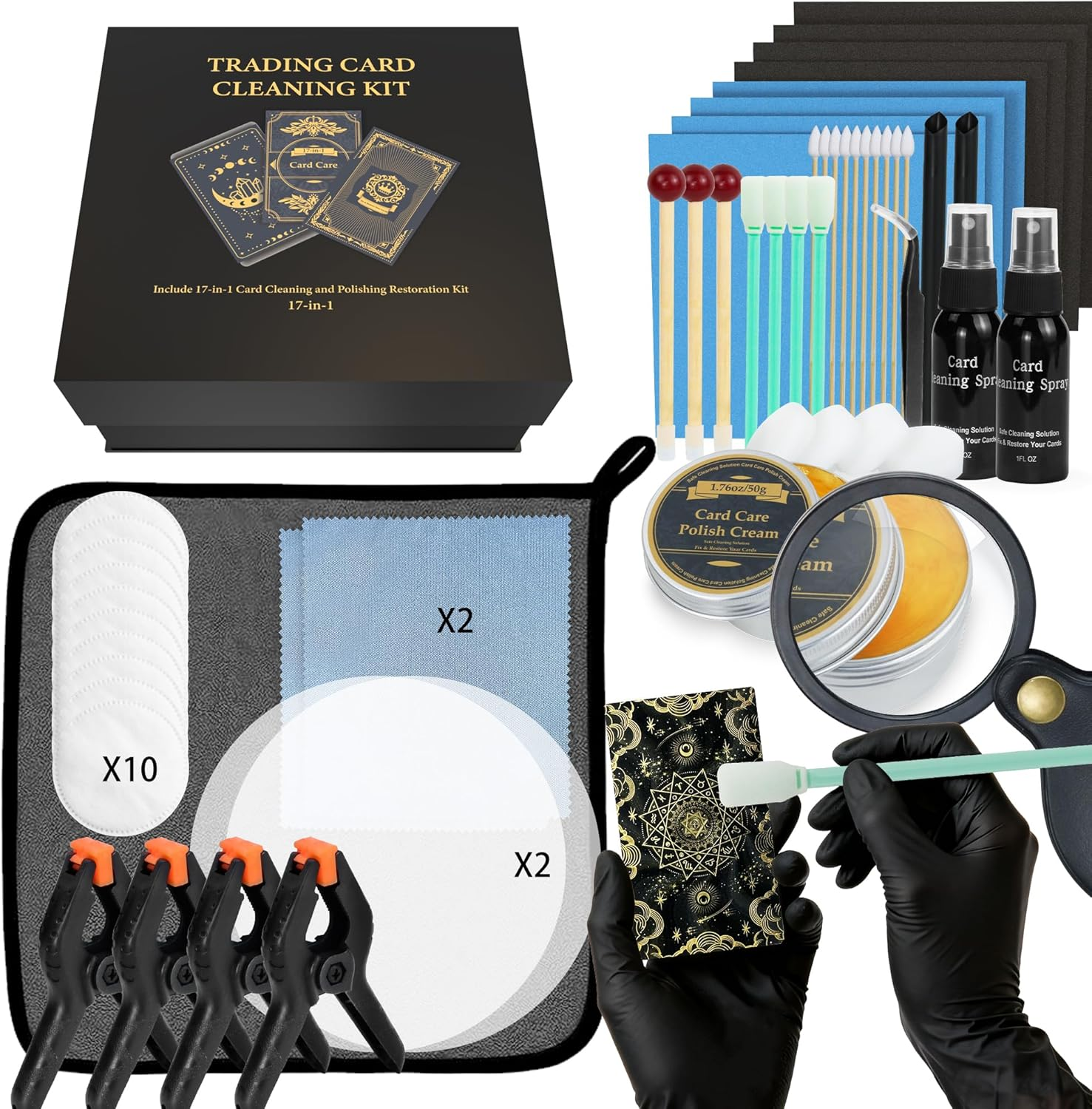 Card Care Clean Kit,17-In-1 Card Cleaning and Polishing Restoration Kit, Trading Card Cleaning Box with Cleaning Spray and Balck Nitrile Gloves, Suitable for Surface Card Care&Flatten Edges
