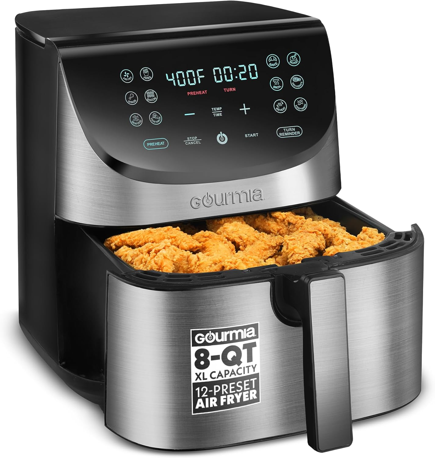 Air Fryer - 8 Qt Extra Large Capacity, Fryforce360º, Digital Display with 12 Presets, Roast, Bake, Broil, Dehydrate, Dishwasher Safe Accessories, Stainless Steel