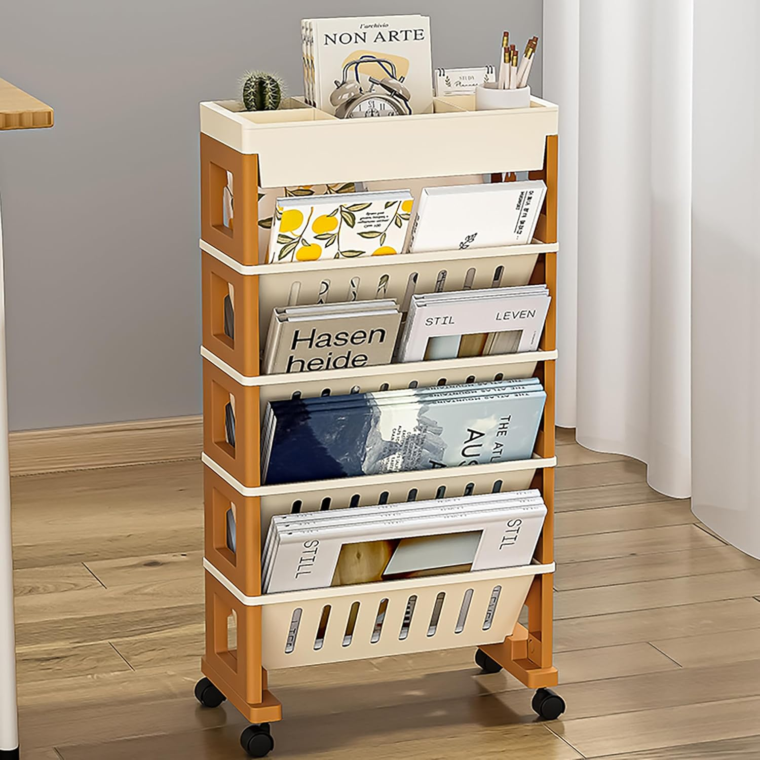 5 Tier Book Rack Storage Bookshelf, Mobile Bookshelf with Wheels, Removable Movable Unique Bookcase, Rolling Book Cart, Bookshelves for Students Study in Dorm Classroom Living Room School(Creamyellow)
