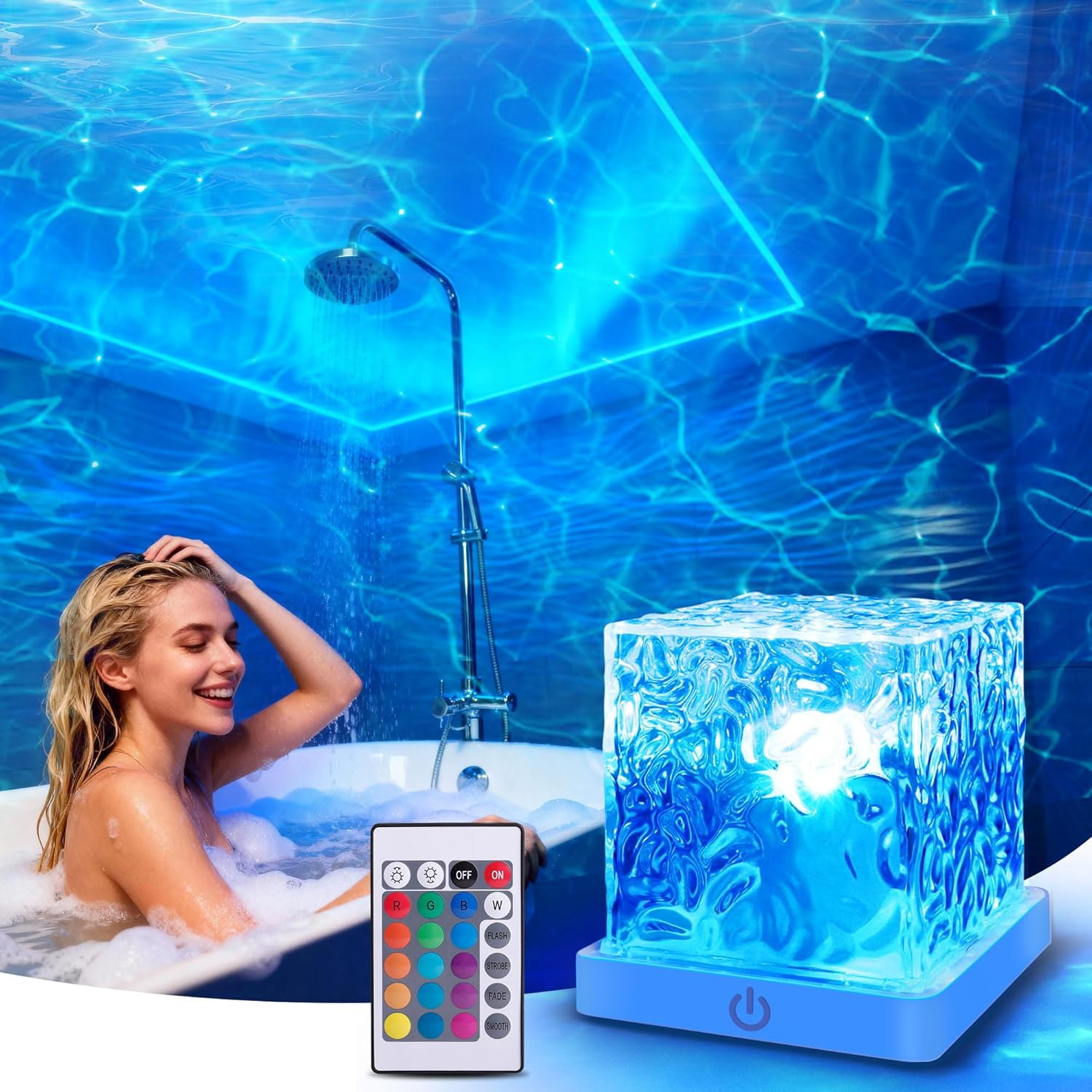 Loscarol Shower Light No Wiring, Rechargeable 16 Color Ocean Wave Projector Light, Dimmable Waterproof Shower Lamp with Remote, Ocean Lamp for Shower, Bathroom Night Light, Birthday Gifts for Girl