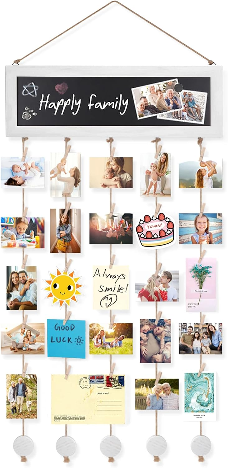 Picture Frames Collage Wall Decor Photo Hanging Display Picture Board Wood Rustic Frames for Home Dorm Room Decor with Blackboard and 30 Clips White