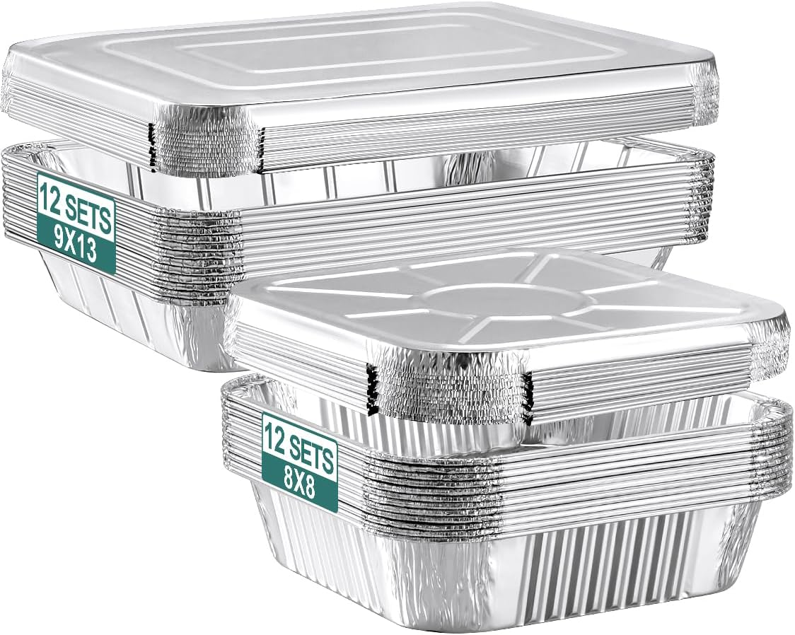 24 Pack Disposable Aluminum Pans with Lids Combo Set- 12 Large 9X13 Foil Pans Half Size & 12 Small 8X8 Tin Foil Baking Pans, Tin Trays Containers for Meal Prep, Food Cooking, Roasting, Heating