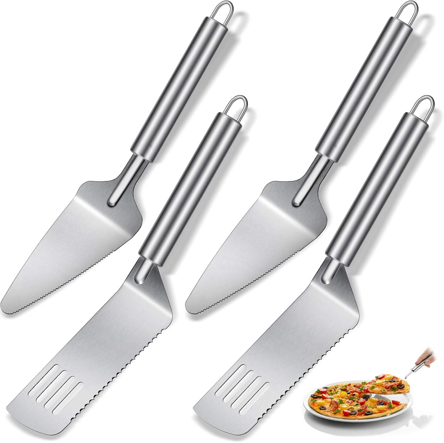 4 Pieces Pie Server Set Stainless Steel Pie Spatula Serrated Cake Cutter Slicer Cake Knife Gadgets with Comfortable Handle, for Cutting and Serving Desserts Brownies Pizza and Lasagna