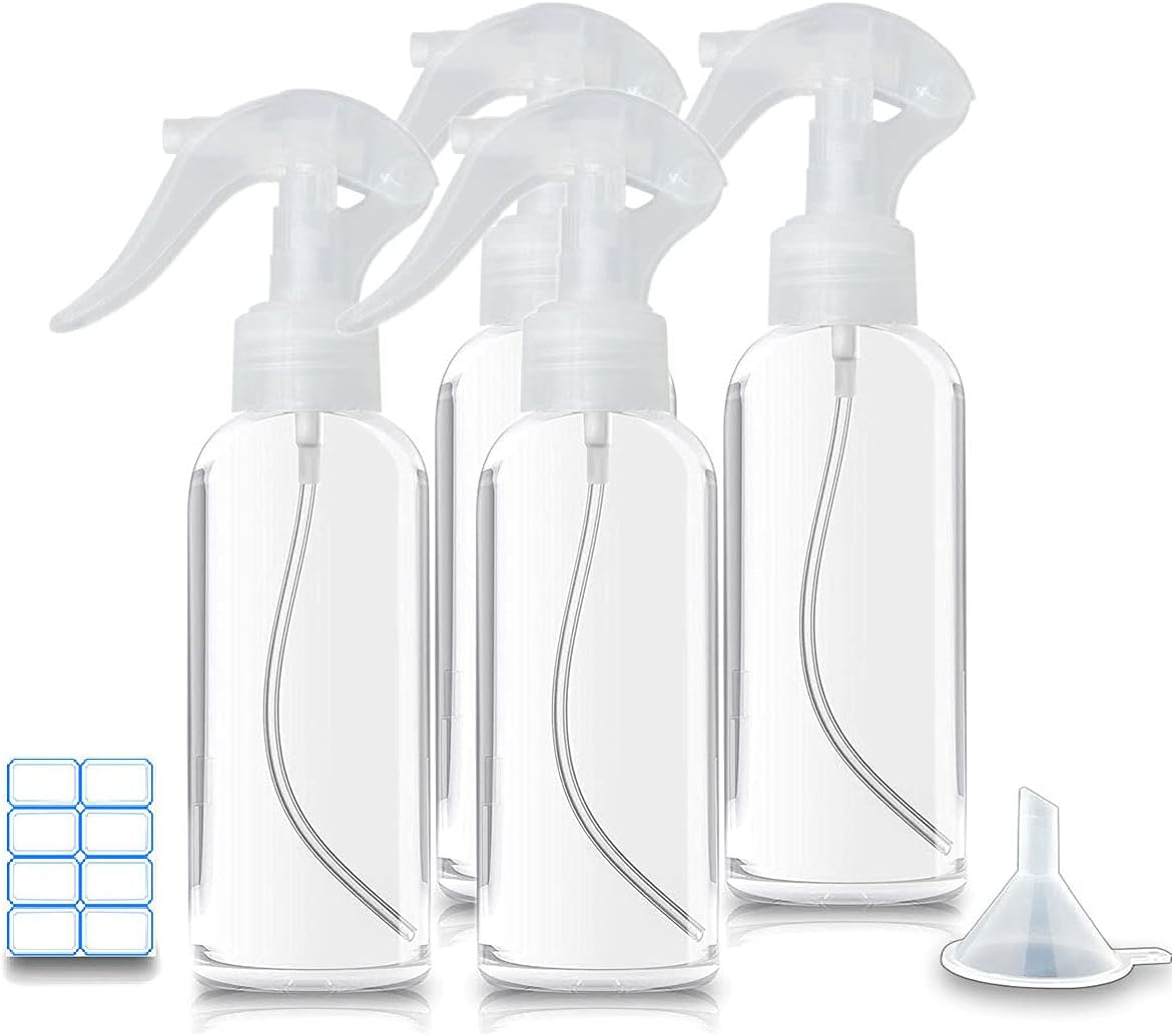 Small Spray Bottles, Hair Spray Bottle 3.5oz/100ml Clear Plastic Fine Mist  Size Mini Empty Bottle Set Refillable Reusable Liquid Container for Essential Oils Water Squirt (4 Pack)