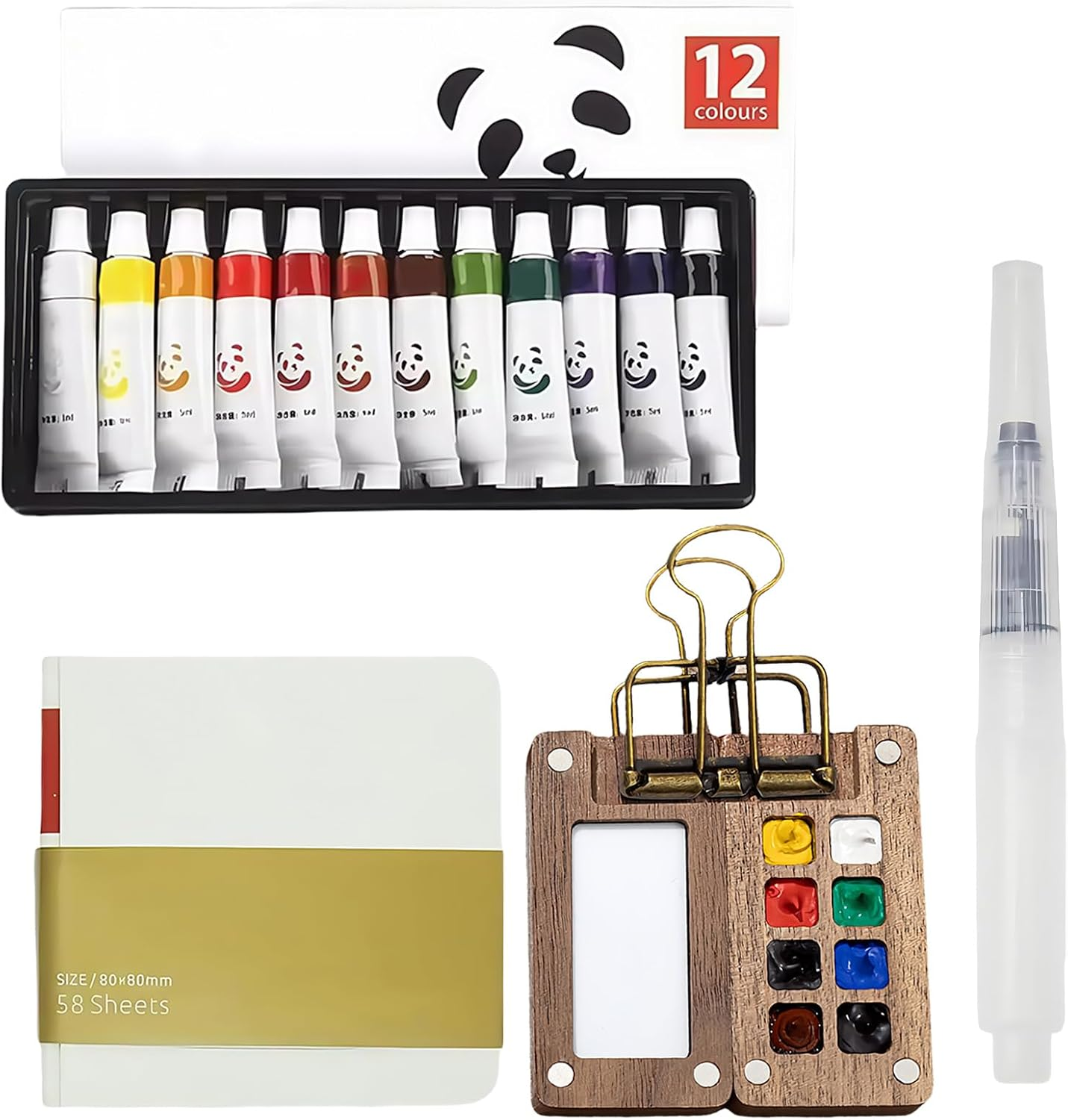5 Sets Mini Watercolour Paint Set Travel, Water Colour Paints Sets, Travel Watercolour Set with 8 Grids Mini Wooden Palette Watercolor Pen Sketchbook Clip for Watercolor Artist Enthusiast