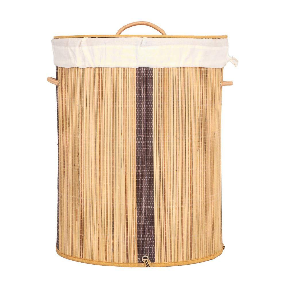 Round Foldable Coconut Stick Laundry Hamper with Lid and Handles for Easy Carrying