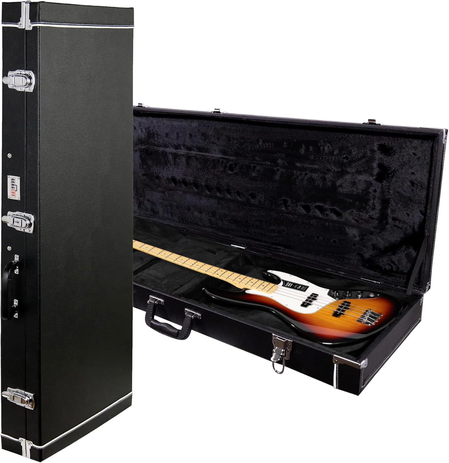 Gearlux Bass Guitar Hard Case, Fits Fender Precision/Jazz Bass and More with Exterior Lock and Key, Interior Accessory Compartment, and Plush Interior Padding - Black