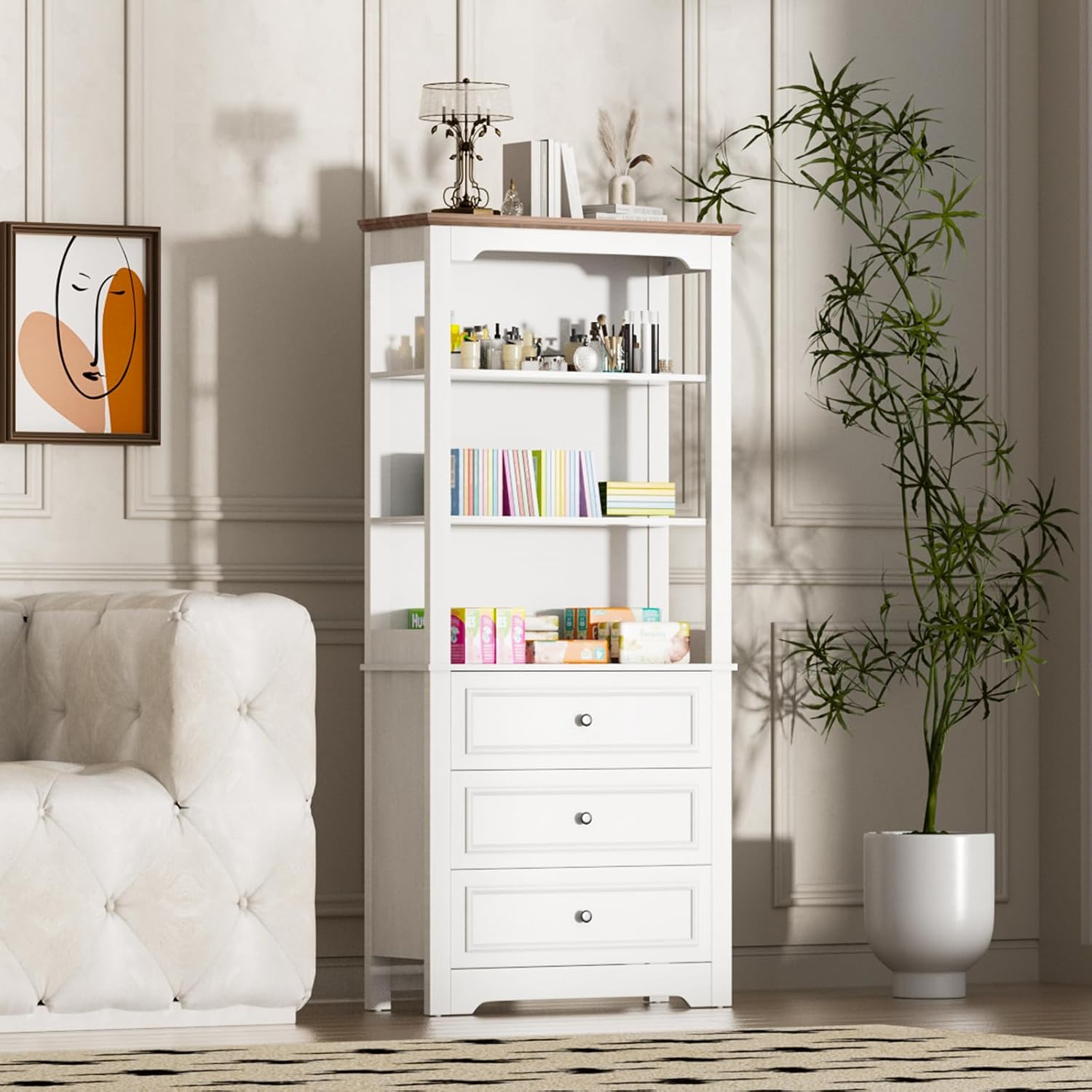 Tall Bookshelf with 3 Drawers, White Narrow Bookcase with Storage