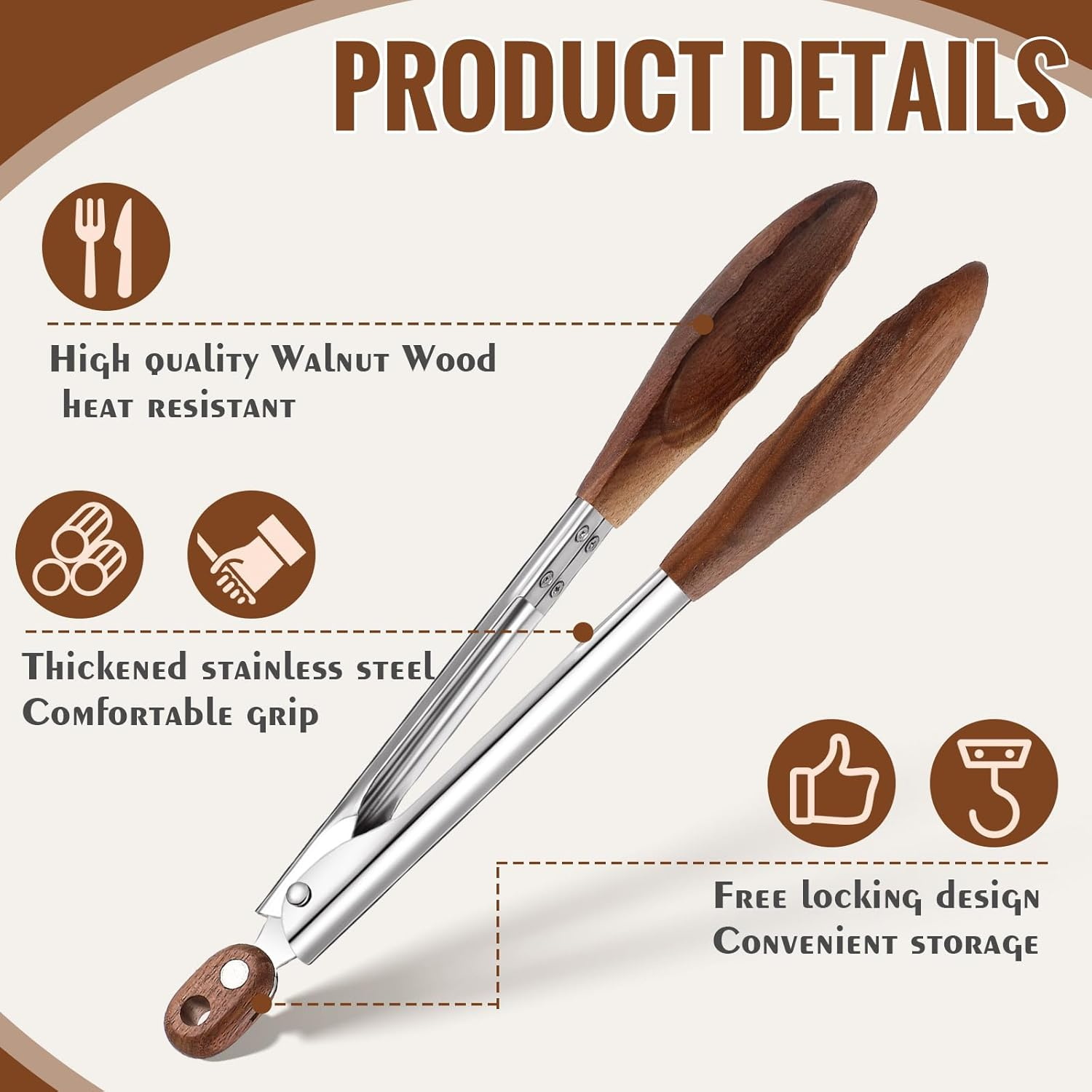 Baderke 2 Pcs Walnut Wooden Kitchen Tongs Salad Tongs with Wooden Tips, Locki... - Picture 4 of 13