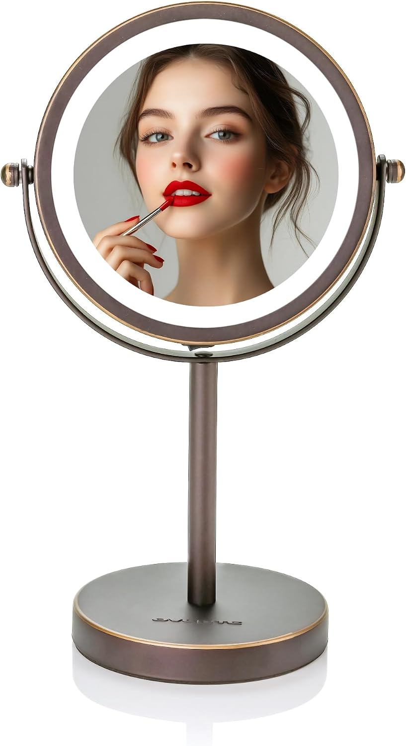 6" Lighted Makeup Mirror with 1X/7X Magnification, Cordless Tabletop Mount Vanity round Mirror with 360° Swivel Design and Double Sided Cool Tone LED Ring Light, Antique Bronze MLT60ABZ1X7X