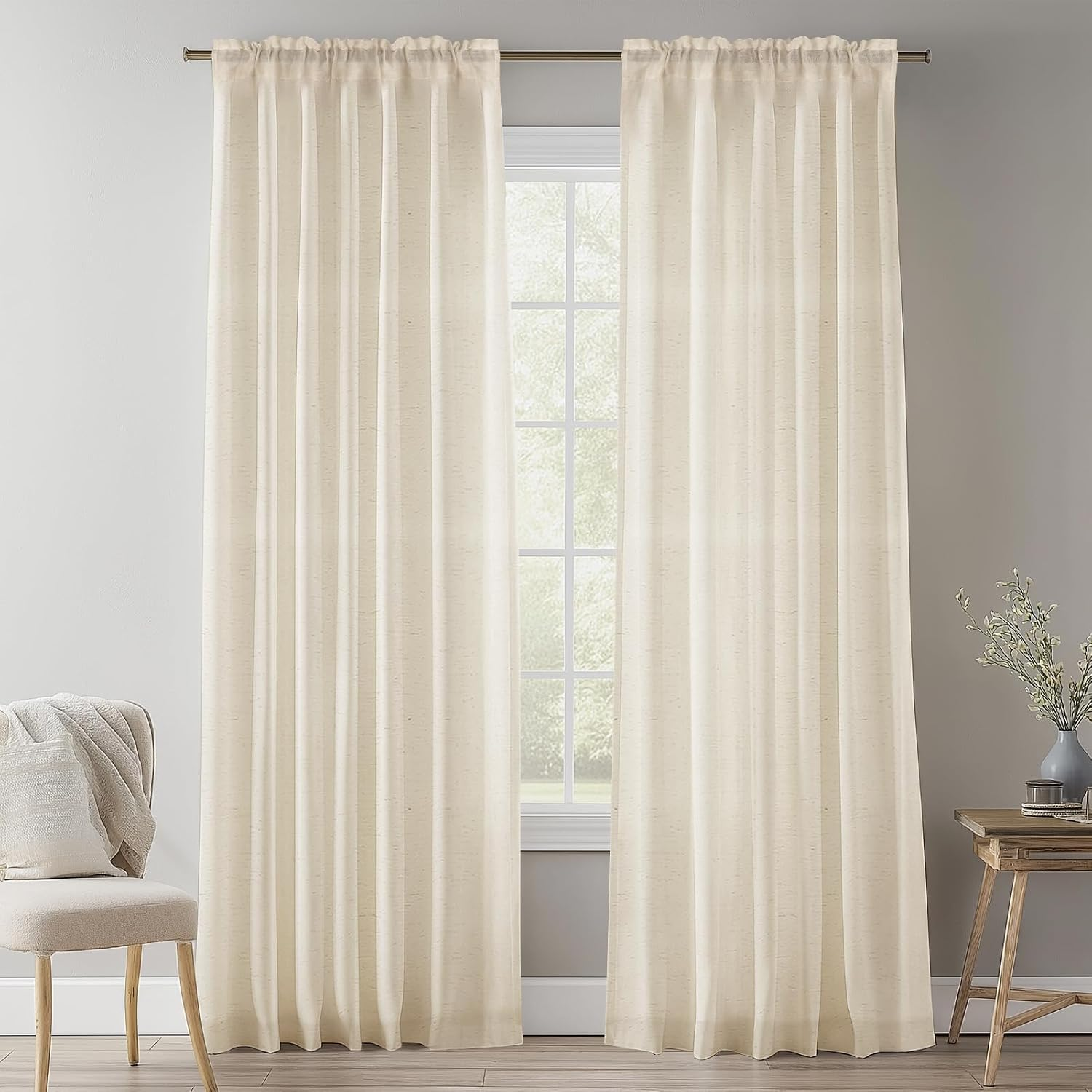 Natural Linen Voile Curtain, 108 Drop Net Curtains Light Filtering Window Sheer & Drapes Slot Top Linen Sheer Curtains for Bedroom/Nursery Room 52