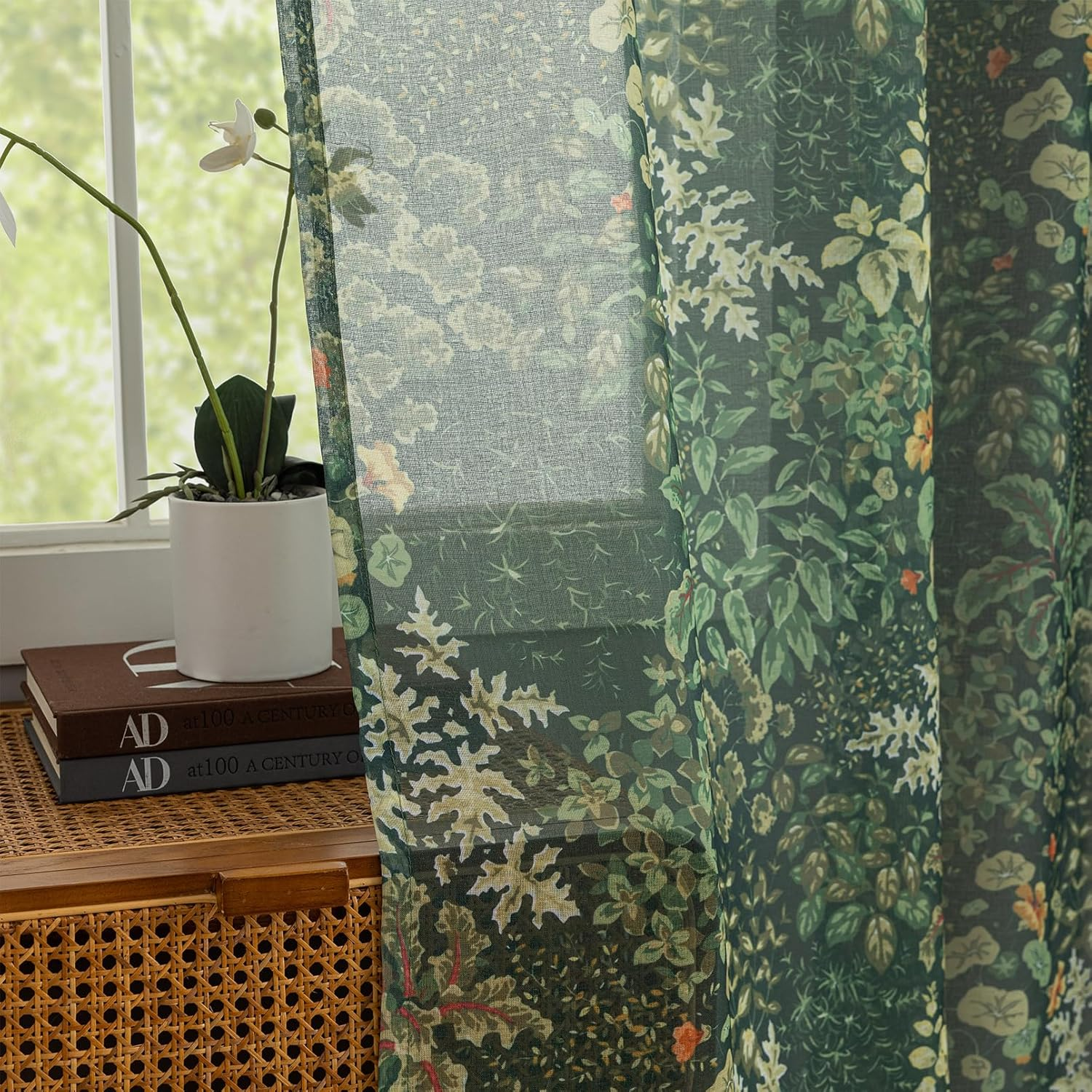 Dark Green Sheer Curtains 84 Inches Long 2 Panels Leaf Floral Pattened Vintage Cottagecore Botanical Curtains for Living Room, Rod Pocket Privacy Light Filtering Sheer Window Drapes, 50 x 84 Inch