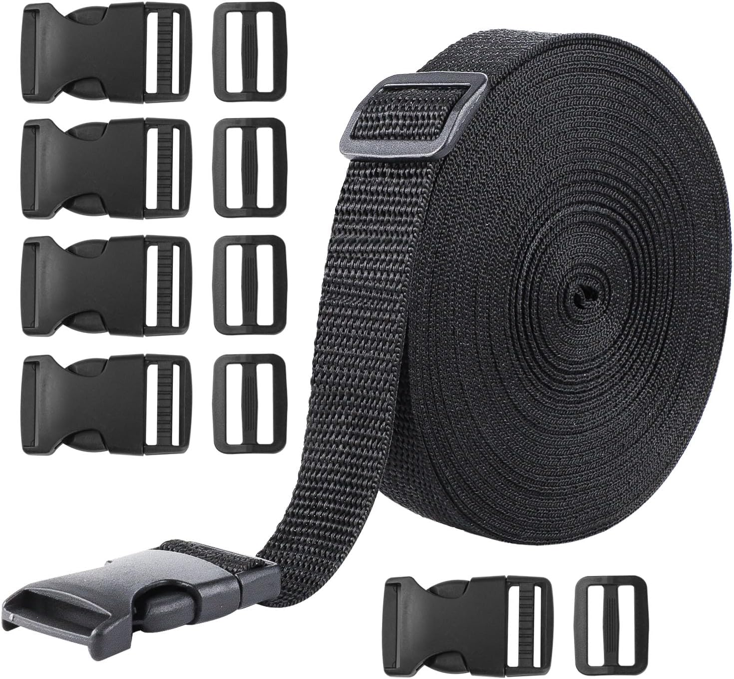 Kuou Nylon Webbing Strap Kit 10M, 25Mm, Buckles and Adjusters, Black