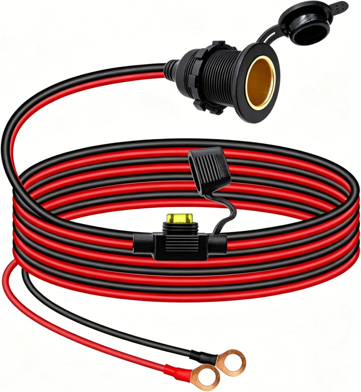 12V/24V Fixed Thread Car Cigarette Lighter Female Socket to O Ring Terminal Cord, High Power 20A Waterproof Adapter with 1M 13AWG Fused Cable & Eyelet Terminals for Vehicle/Tractor/Boat (Black, 100Cm)