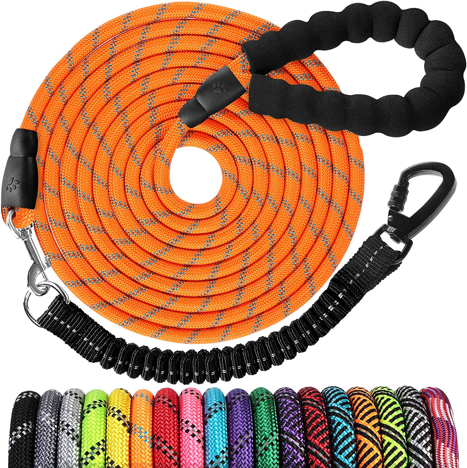 Long Dog Leash 15 FT: Heavy Duty Rope Leashes for Dogs Training with Swivel Lockable Hook Reflective Threads Bungee and Padded Handle - Dog Lead for Large Small Medium Dogs outside Walking Hiking