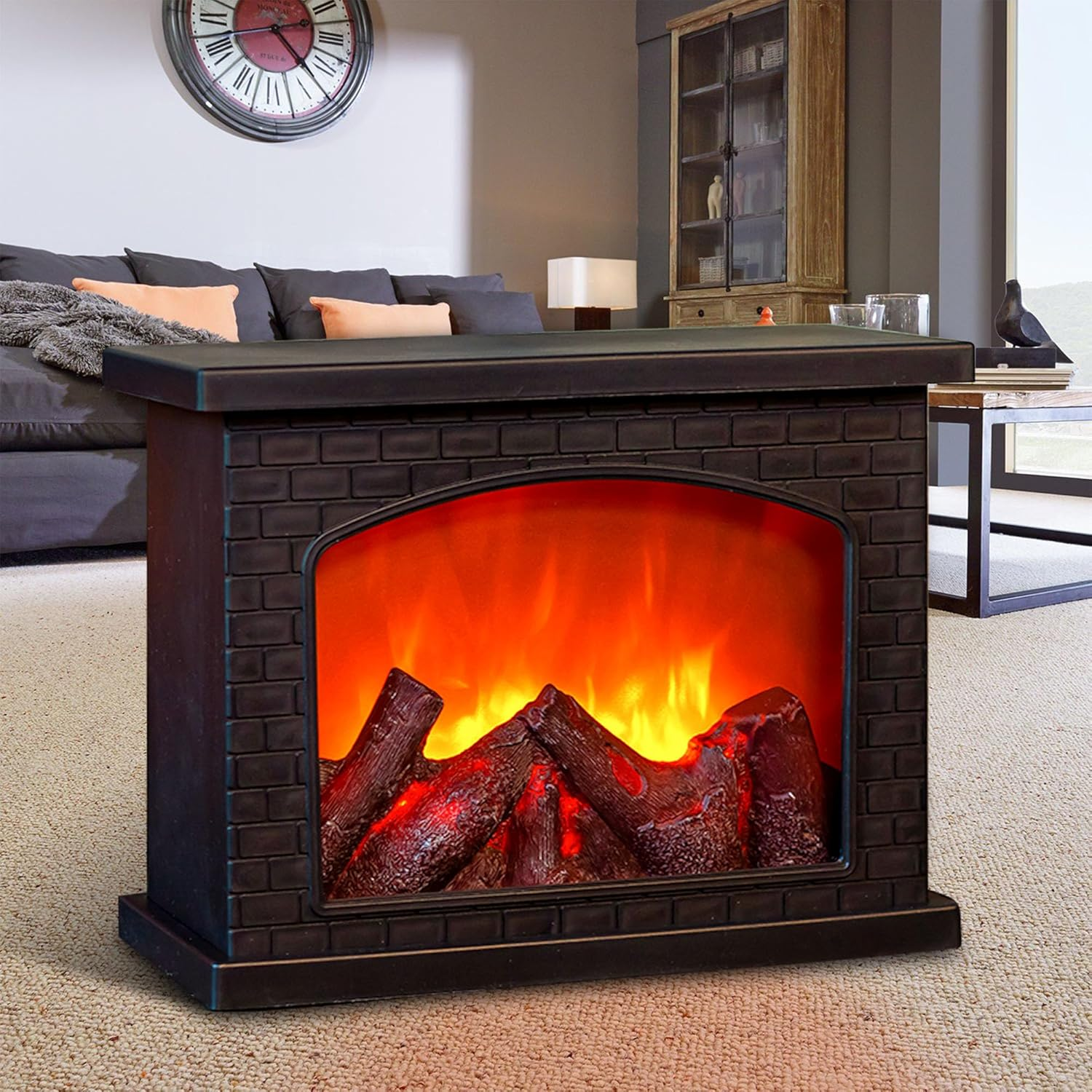 Fireplace Lanterns Decorative,Small Fake Fire Place,Flame Effect LED Fire Lamp,Battery Operated USB Charge Portable Fireplace,Indoor Outdoor Christmas Decoration (No Heater Function Black)