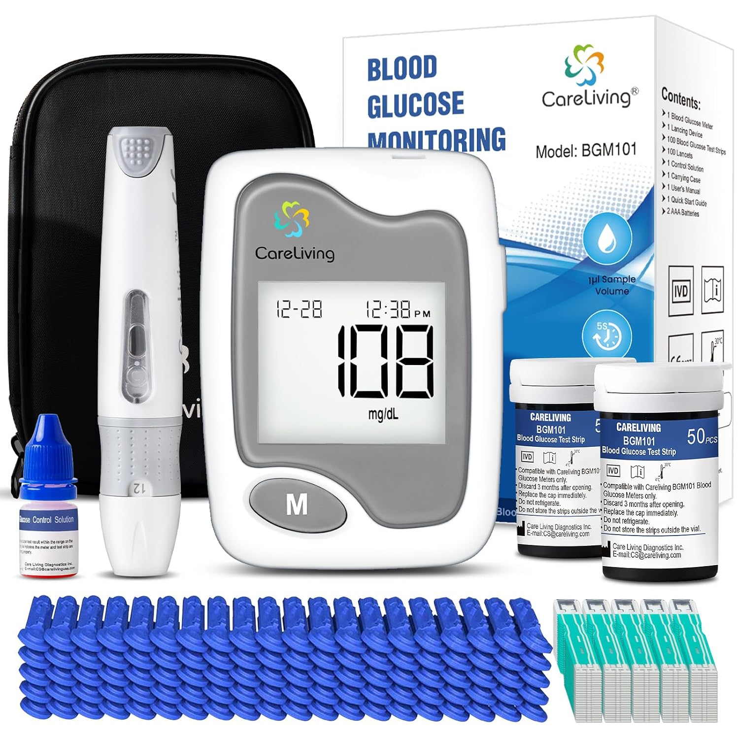 BGM101 Blood Glucose Monitor Kit, 100 Test Strips, 100 Lancets, 1 Blood Glucose Meter, 1 Lancing Device, Diabetes Testing Kit, Portable Blood Sugar Test Kit, Glucometer Kit for Home