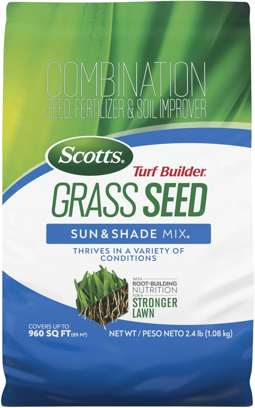 Scotts Turf Builder Grass Seed Sun & Shade Mix with Fertilizer and Soil Improver, Thrives in Many Conditions, 2.4 Lbs.