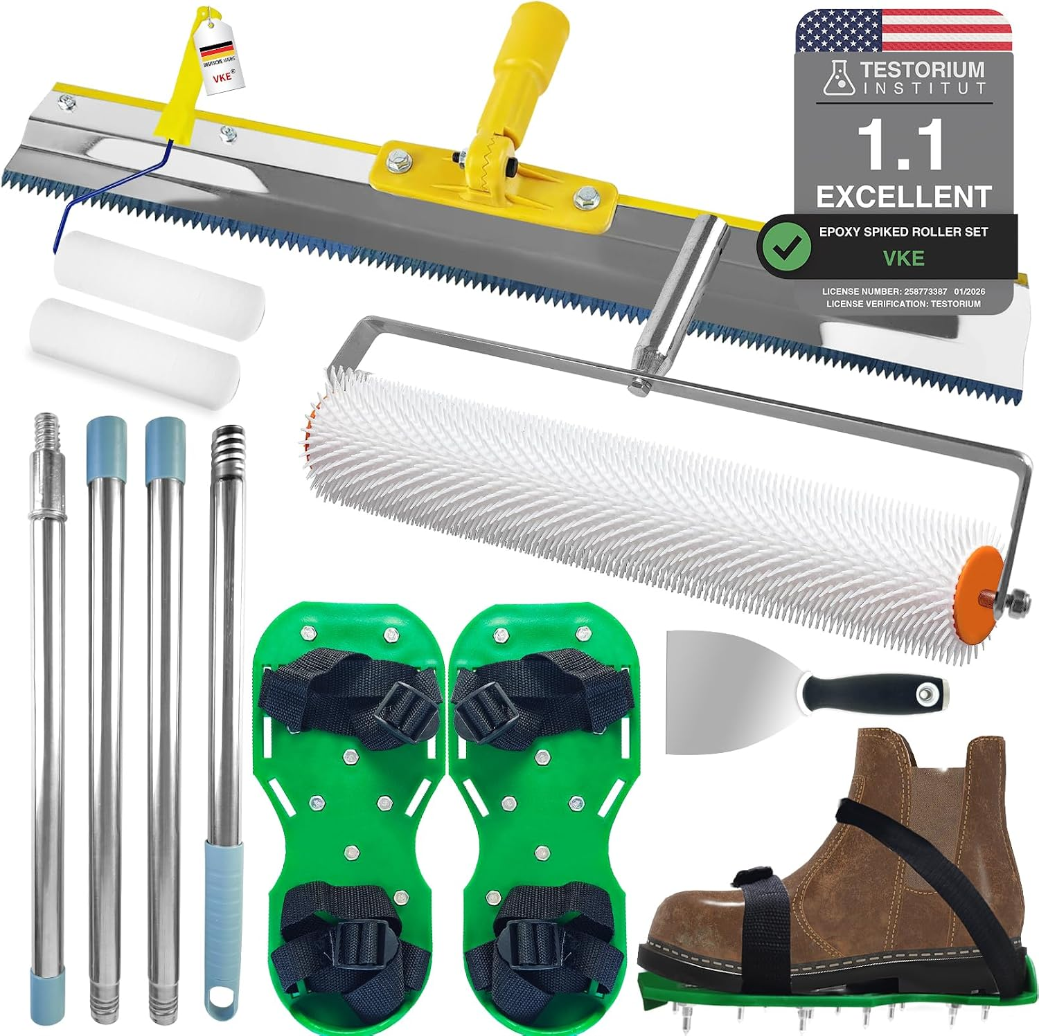 Self Leveling Concrete Tools  Stainless Steel Epoxy Squeegee  Spiked Roller for Self Leveling 63 in Extension Pole Epoxy Shoes, Epoxy Roller Easy to Clean, Rugged