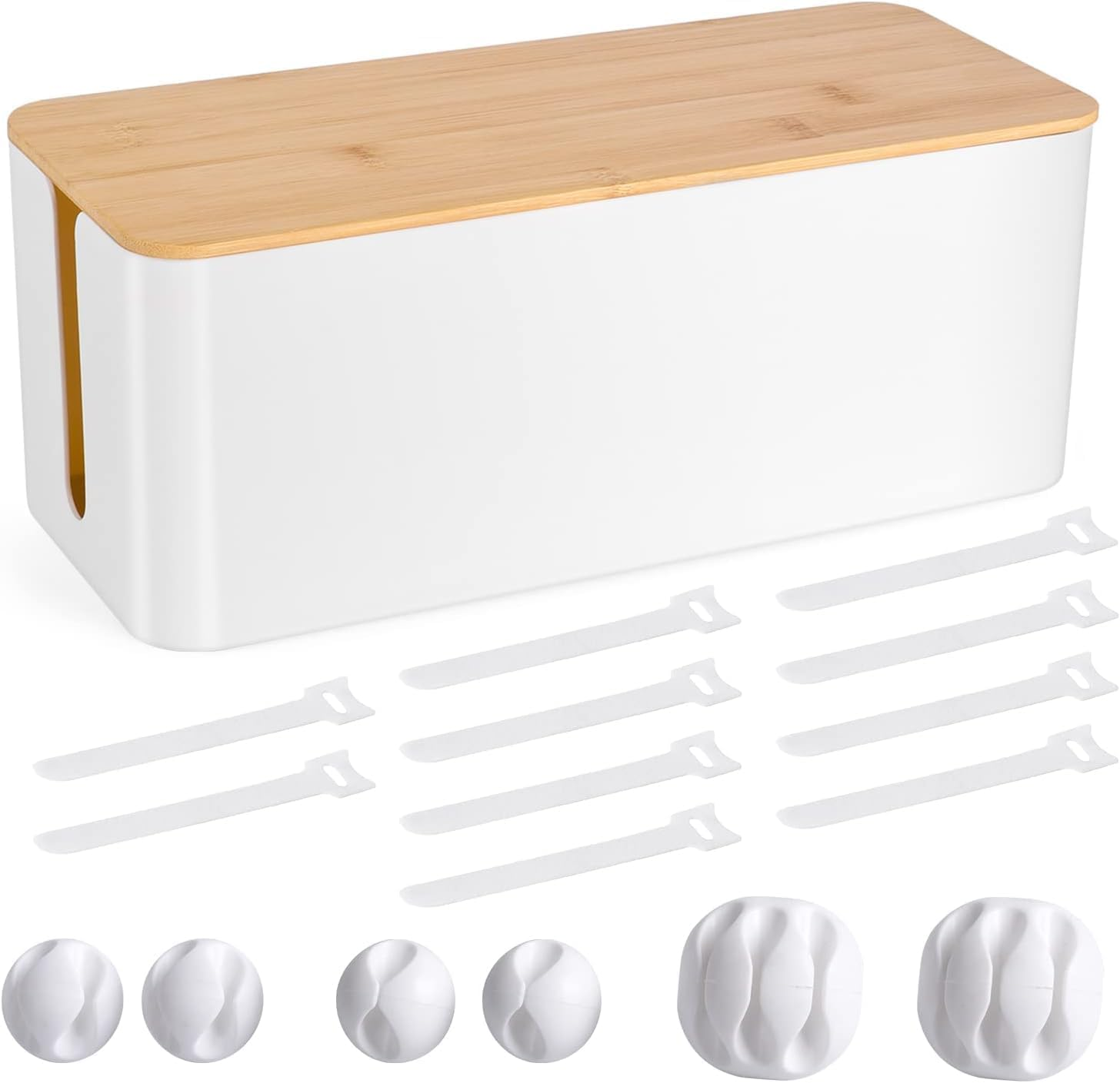 Cable Management Box, White, Wood-Style Lid, 16 Accessories